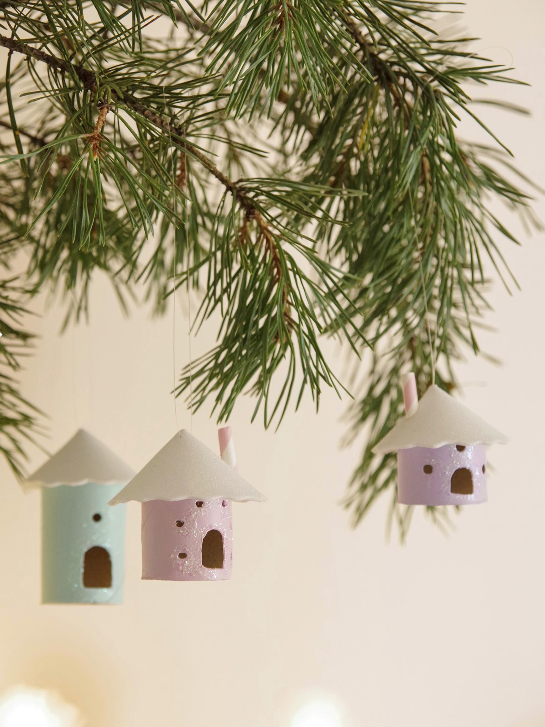Turn toilet paper rolls into cute tiny houses—easy DIY village for your table or Christmas tree