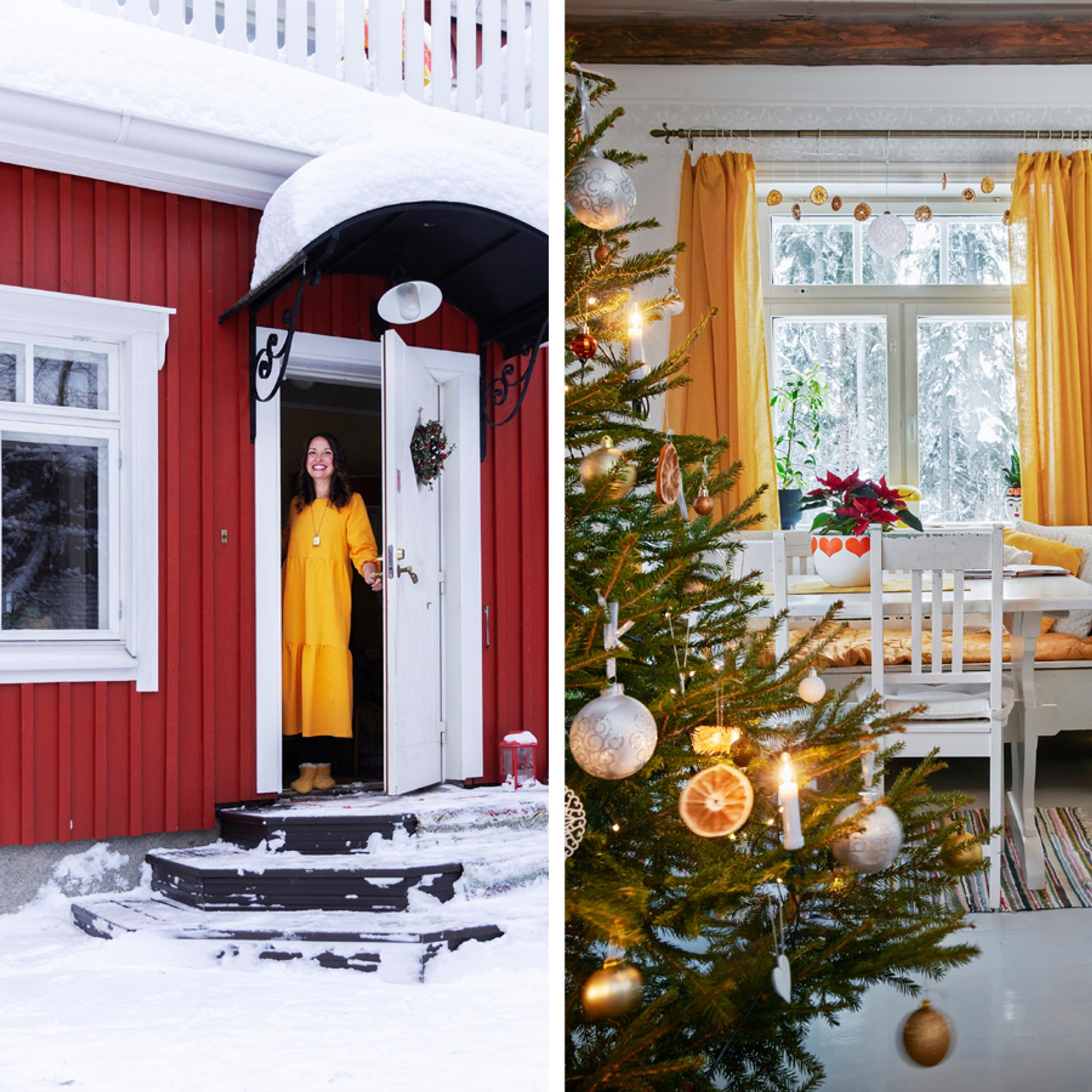 Inside the bright yellow Christmas cottage: Christmas mattresses, gingerbread, and loads of cheer