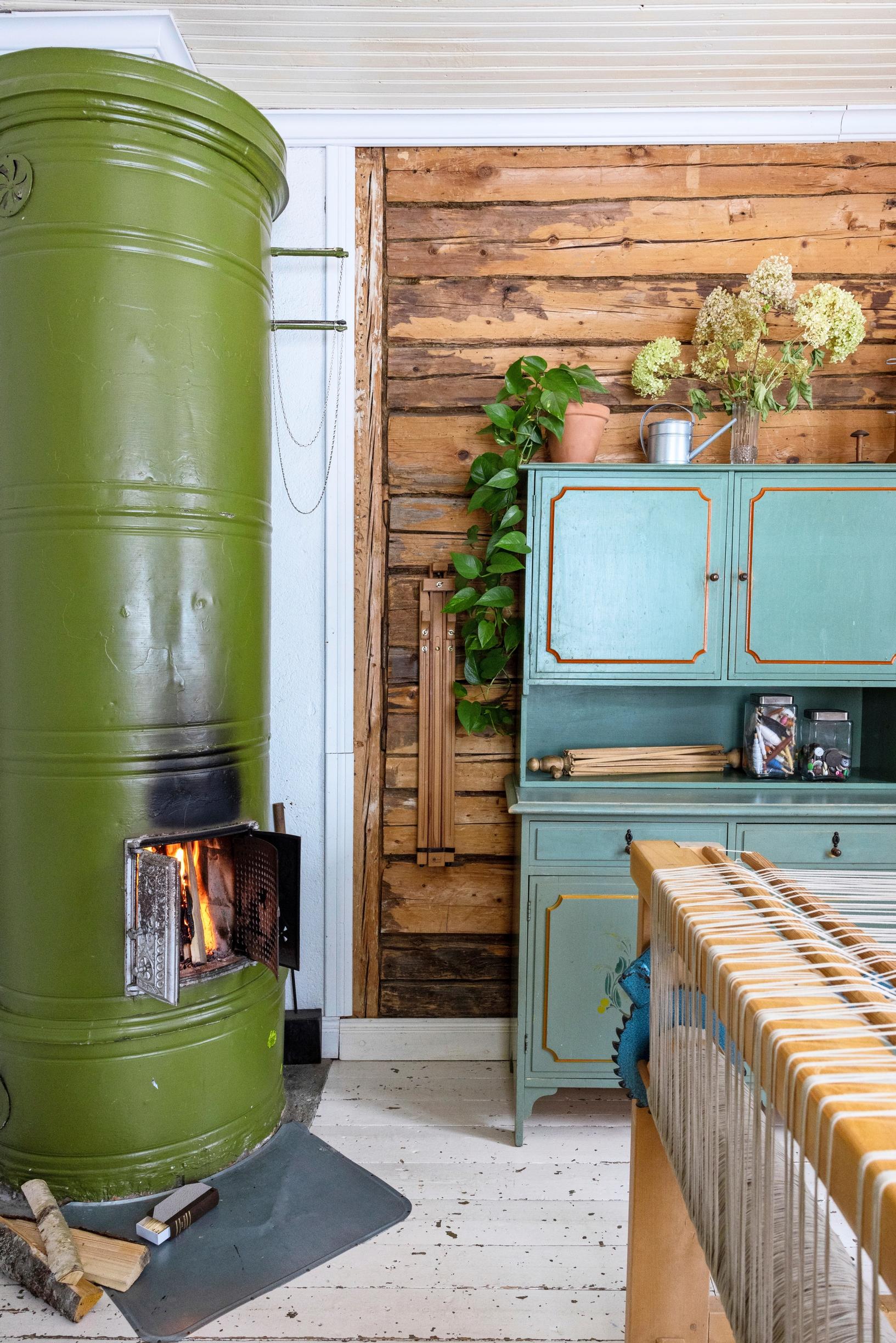 Masonry stove painted green