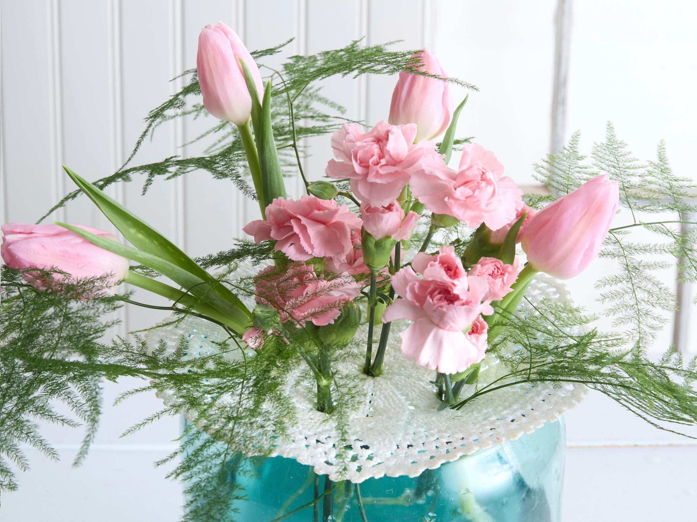 Reuse what you have: Turn an old lace doily into a pretty flower support