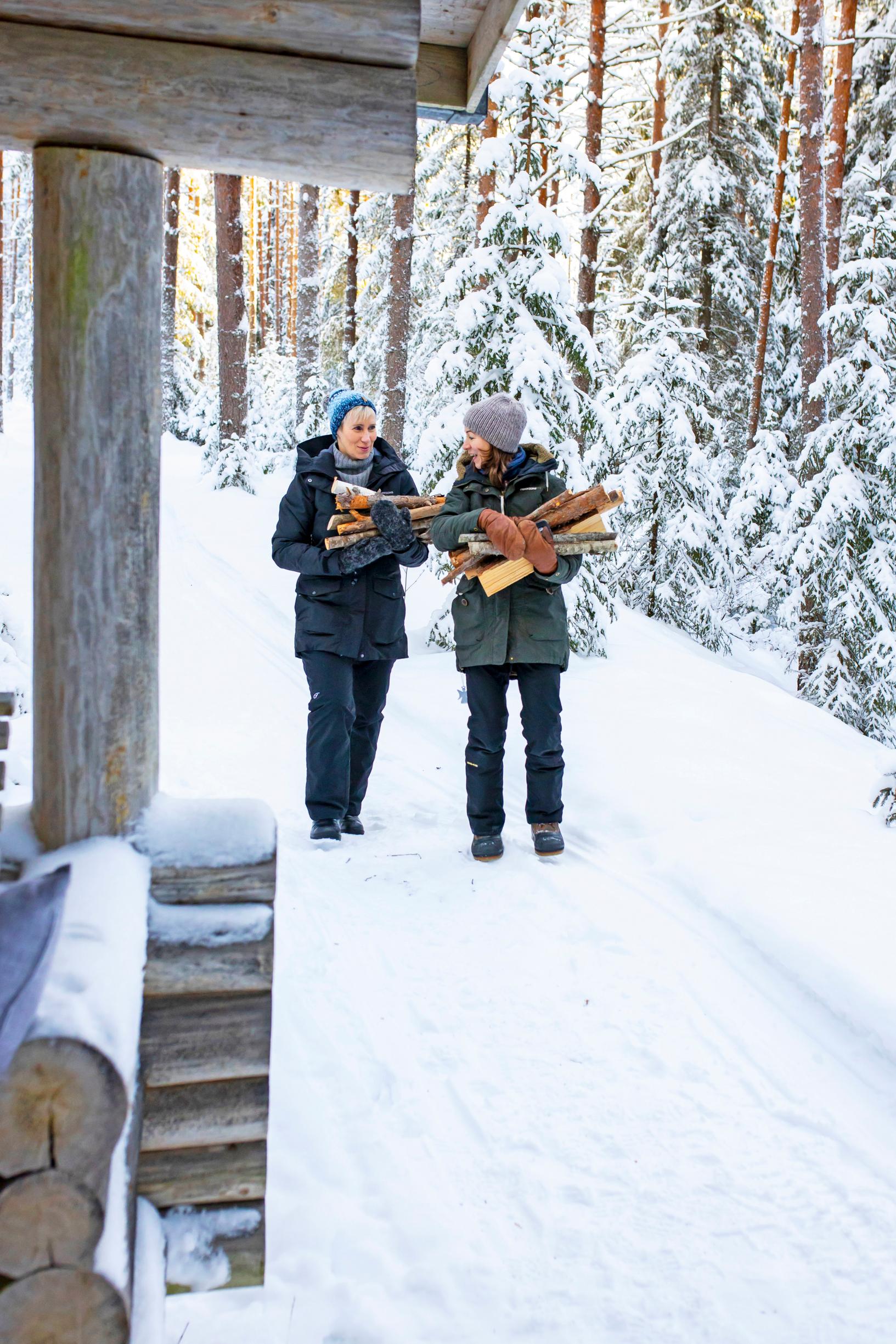 Friends fetching firewood
