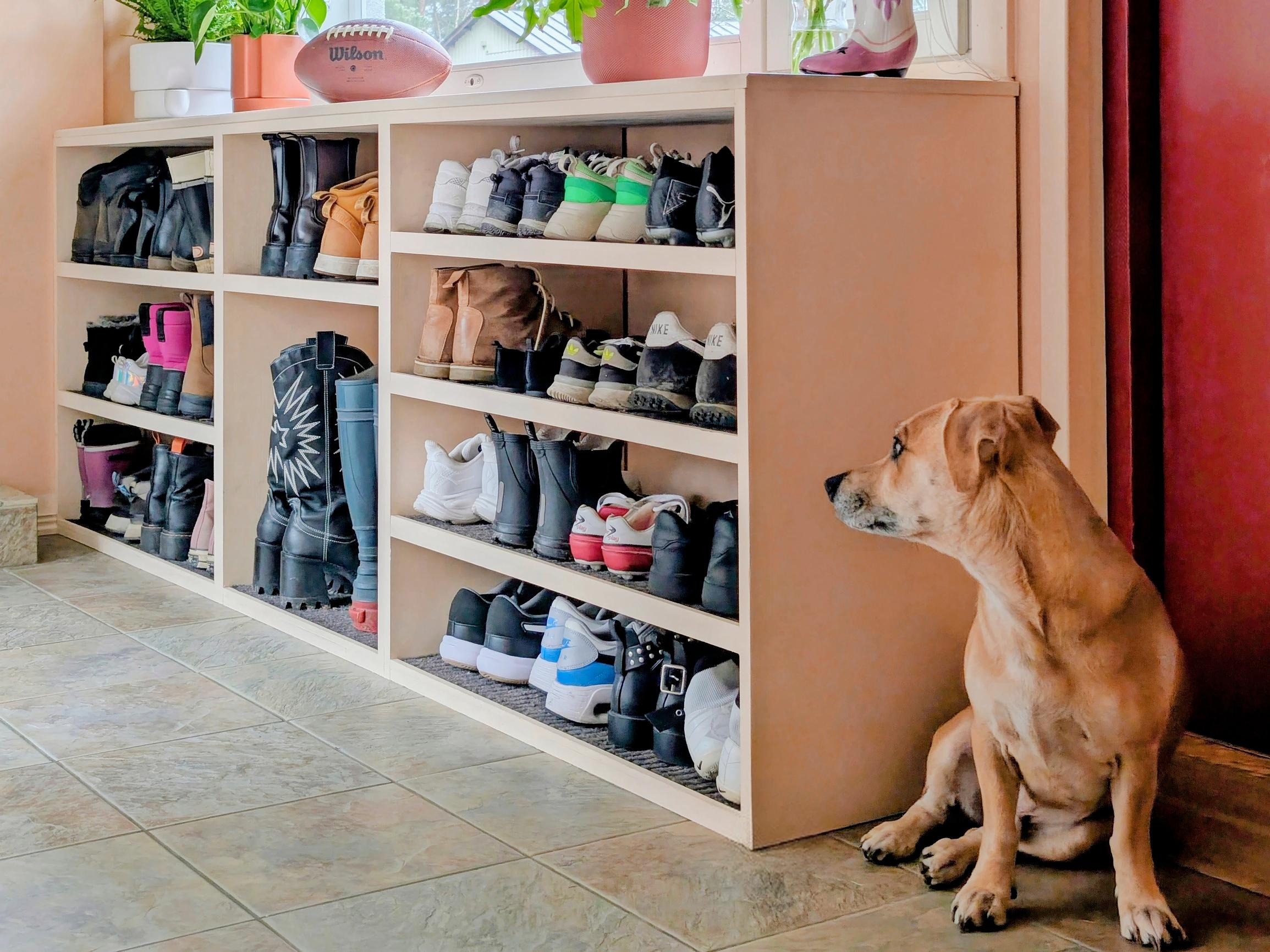 Annika built a shoe shelf her family of six will actually use—even size-48 rubber boots fit