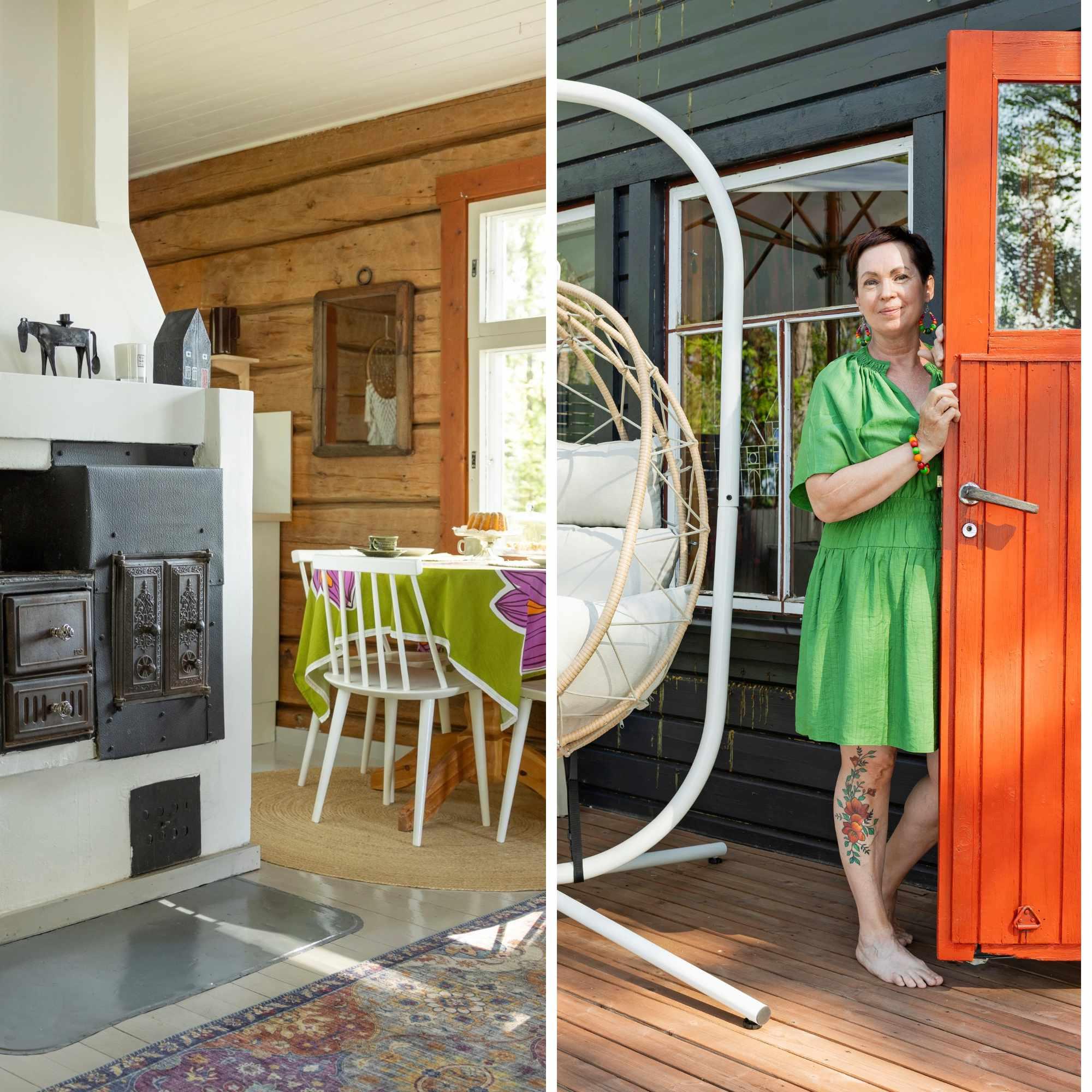 Inside Jaana’s log cabin, everything in the main room is old or reclaimed: “I’ve never seen a stove like this anywhere!”