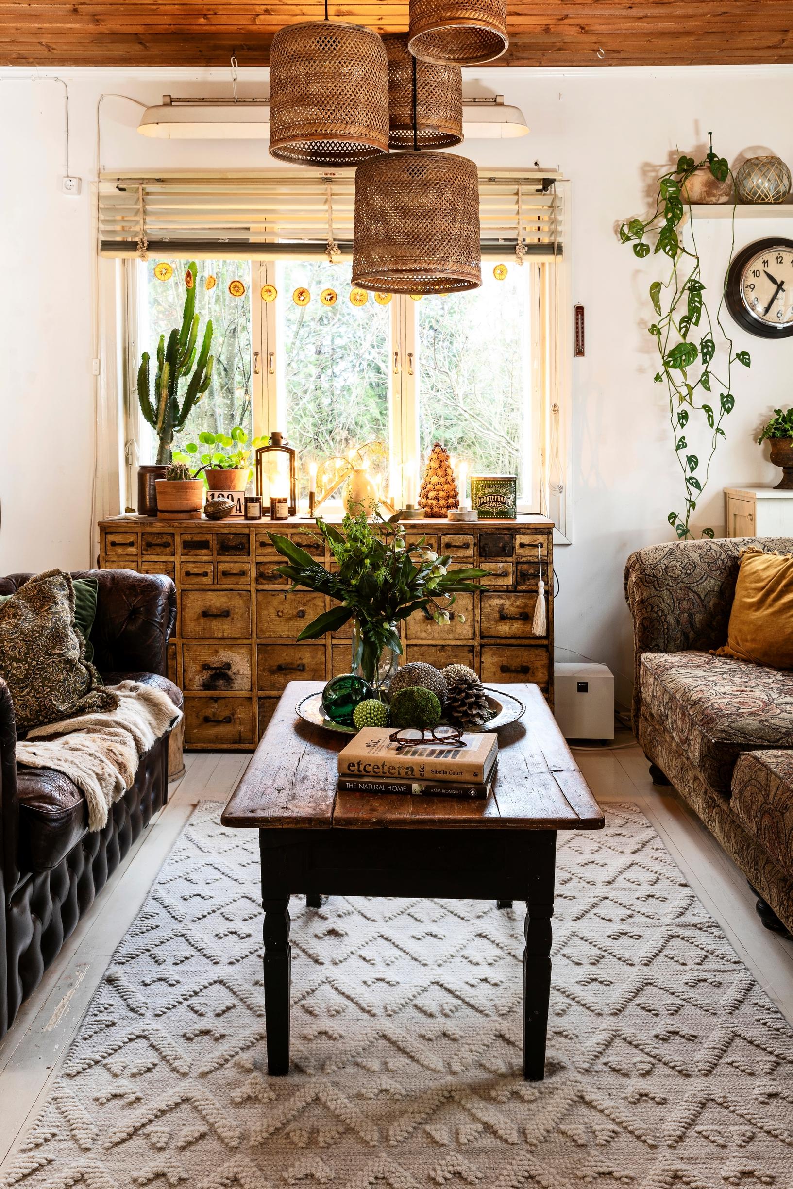A living room decorated with natural hues, vintage furniture, and houseplants