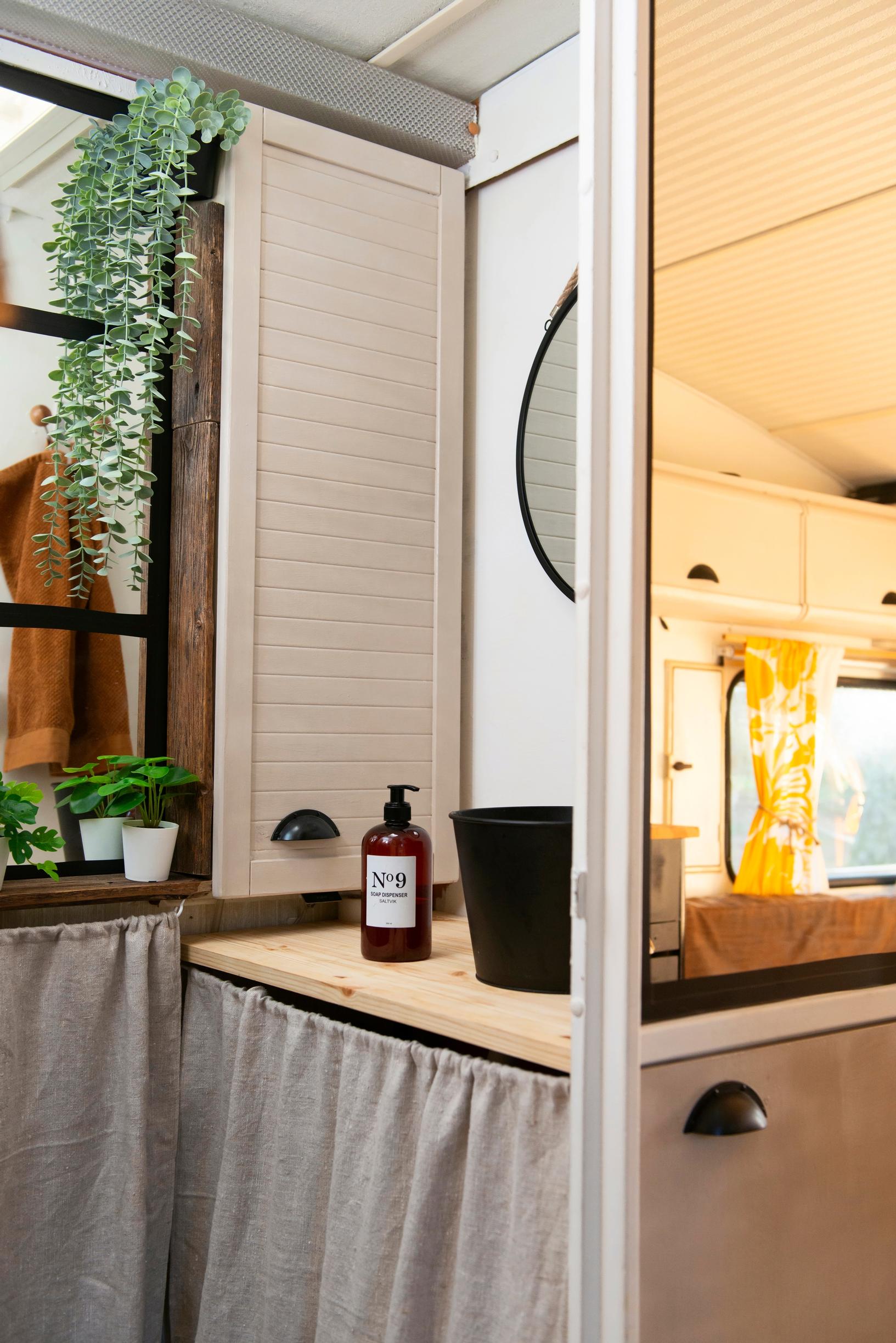 trailer laundry storage area and hand soap