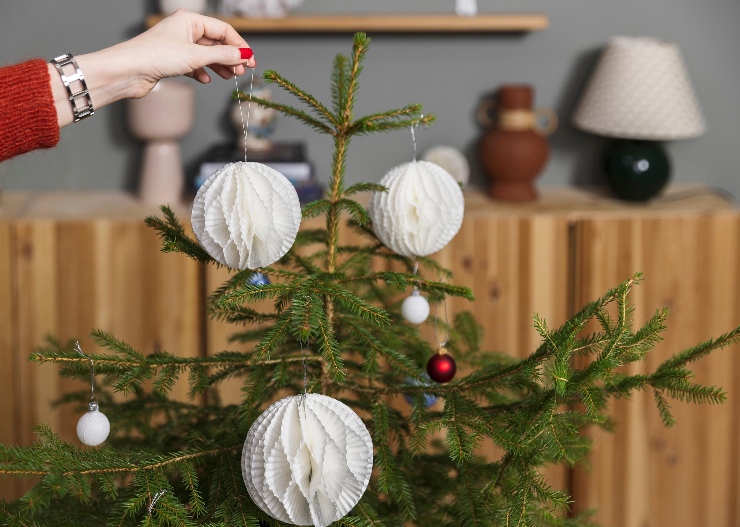 Cupcake-liner ornaments on the Christmas tree