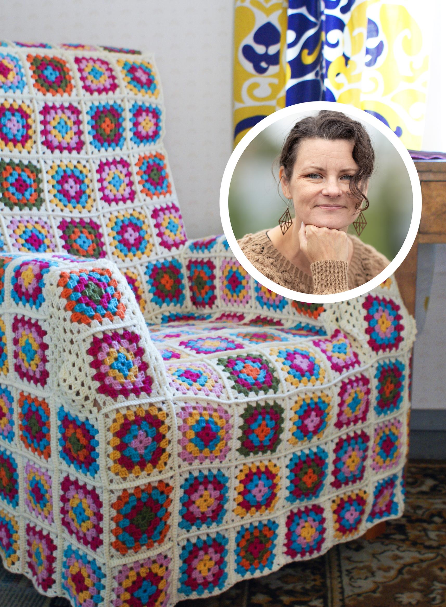 Knitwear designer Meiju Kallio transforms a large armchair with granny squares: “Crocheting is a vacation from knitting for me”