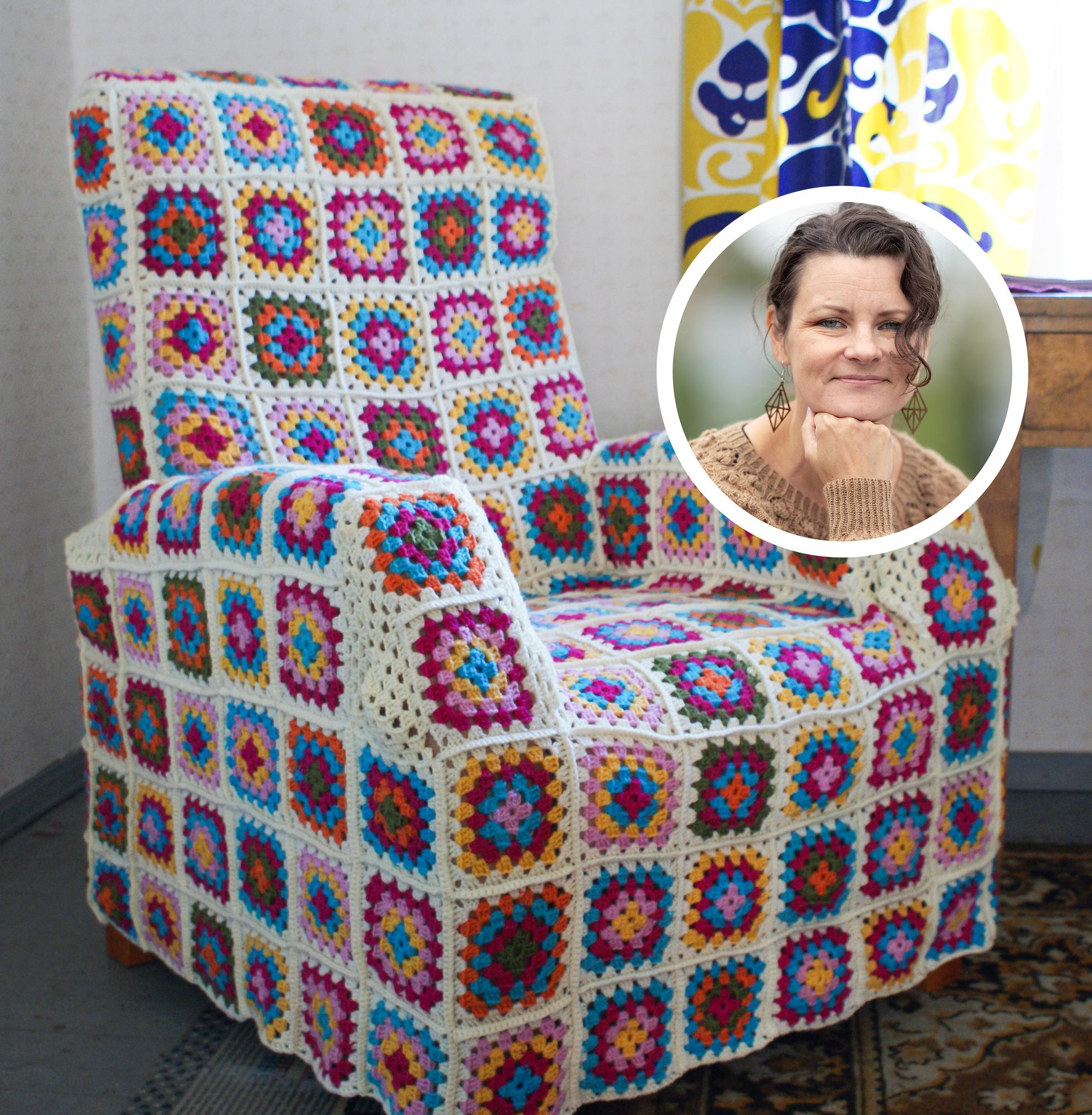 Knitwear designer Meiju Kallio transforms a large armchair with granny squares: “Crocheting is a vacation from knitting for me”