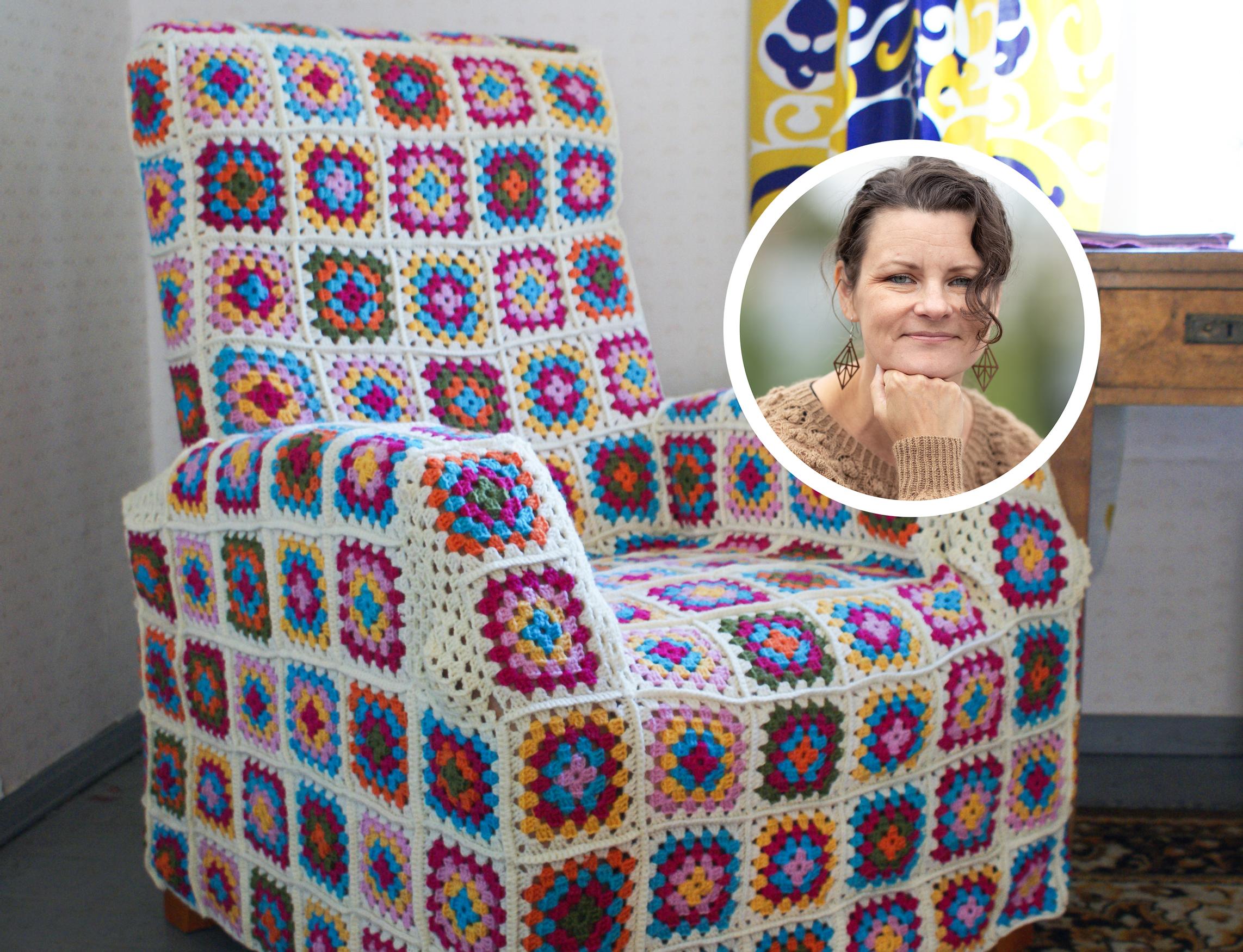 Knitwear designer Meiju Kallio transforms a large armchair with granny squares: “Crocheting is a vacation from knitting for me”