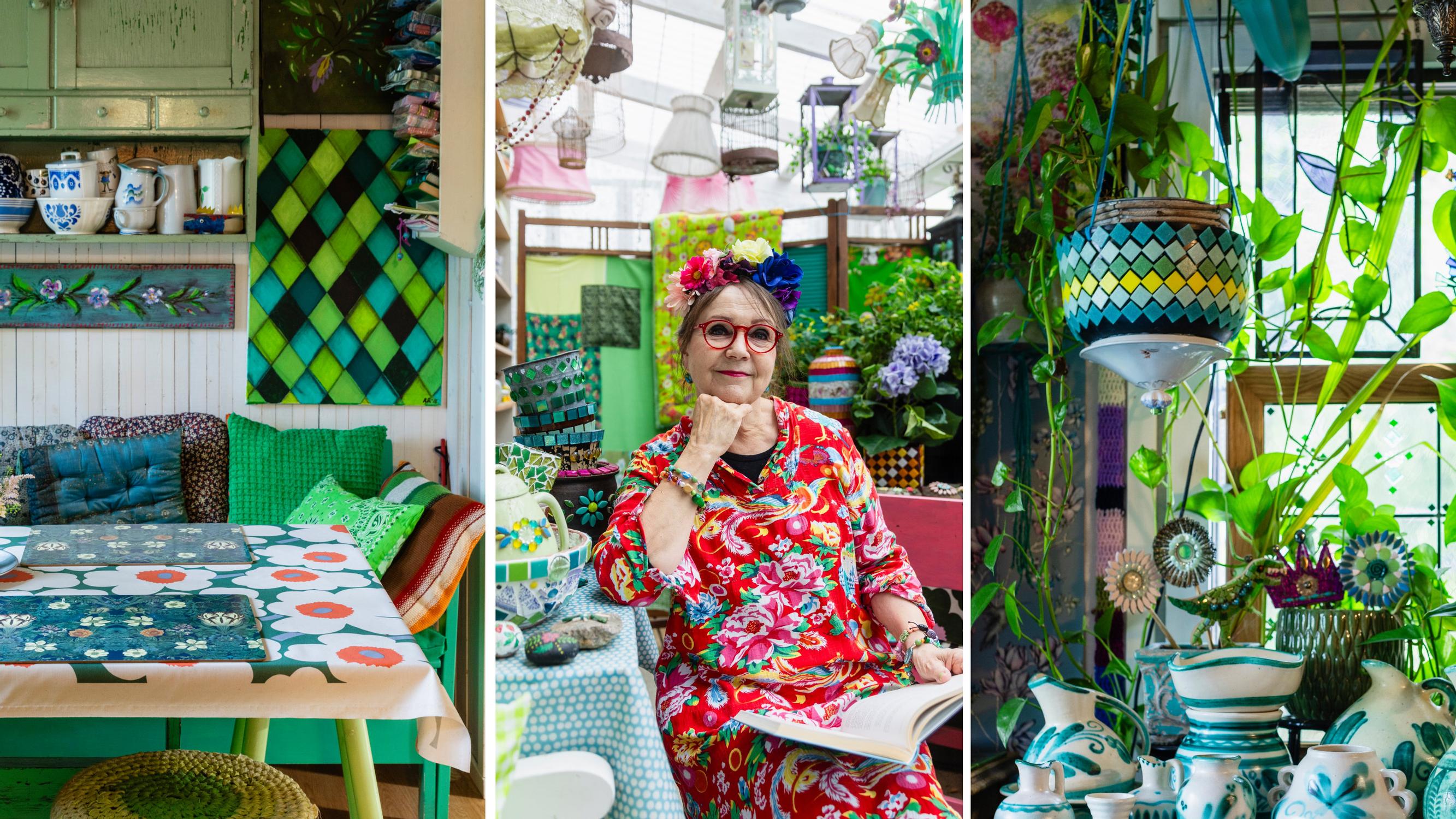 Every room in Riitta's home is decorated with her favorite color: “Everything green calls me”