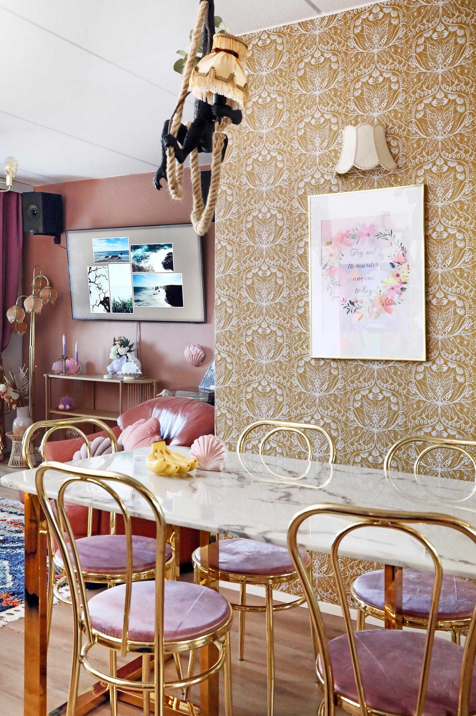 Dining area with golden chairs