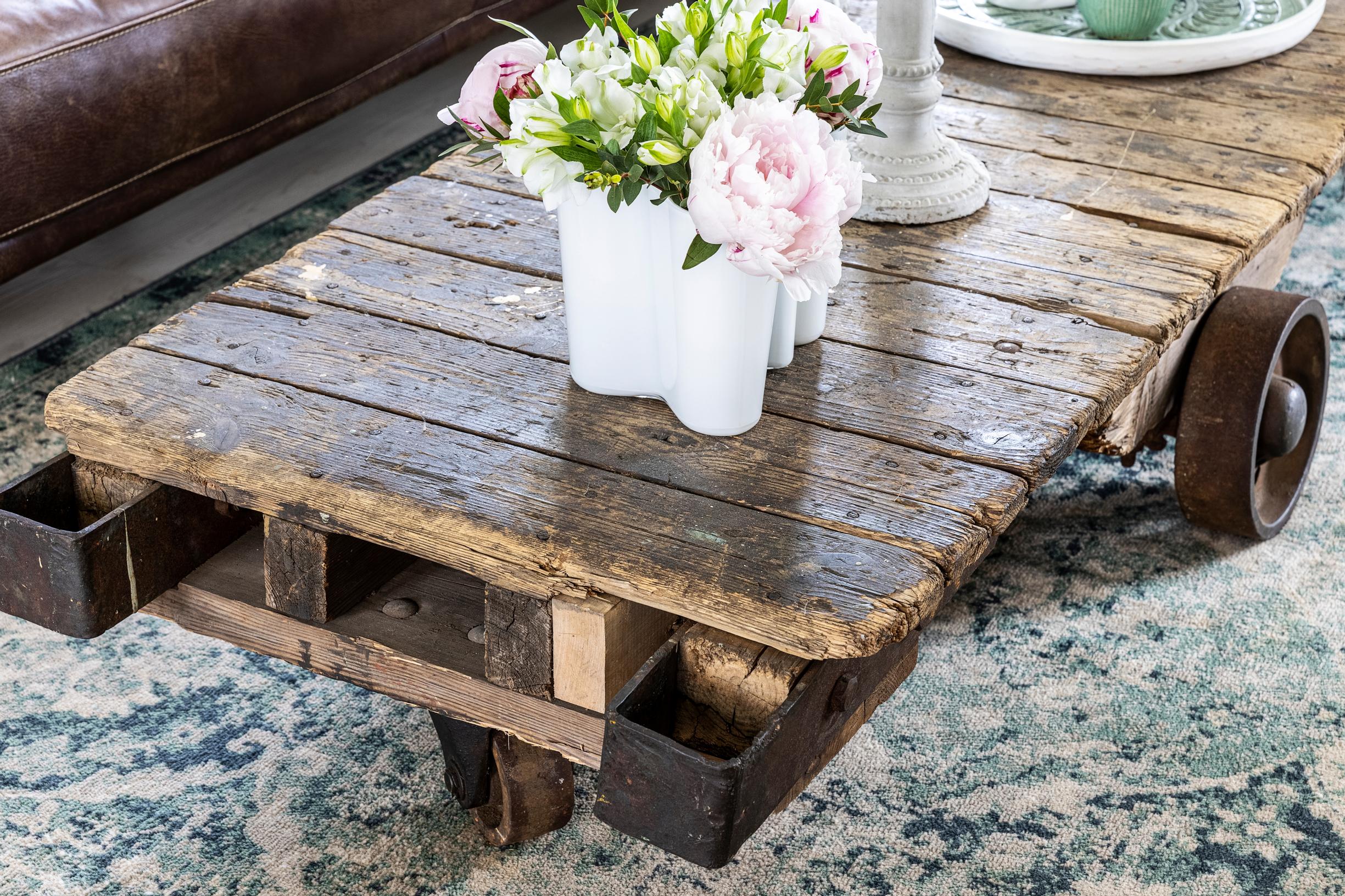 A rough-hewn coffee table