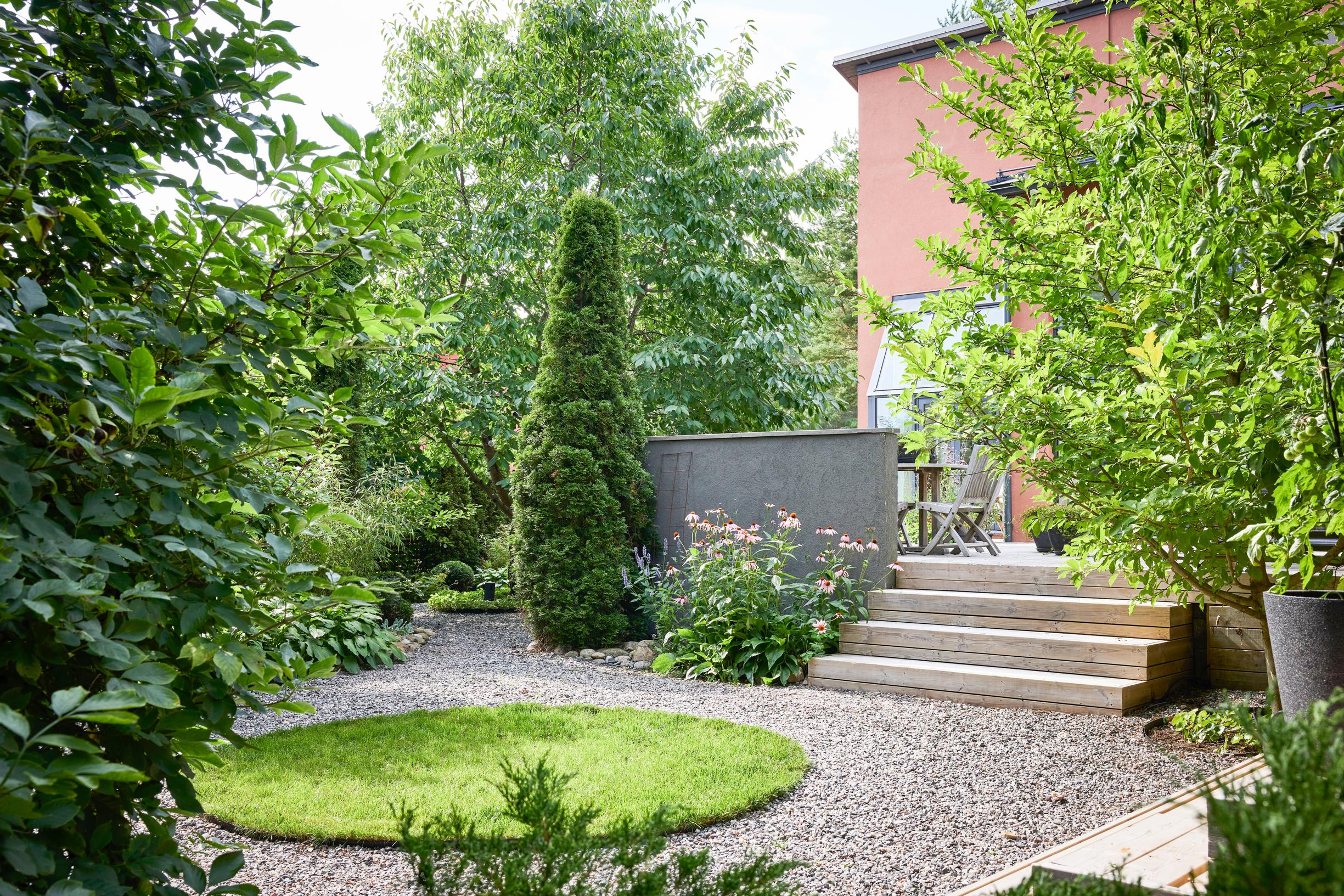 The house’s backyard and the circular lawn.