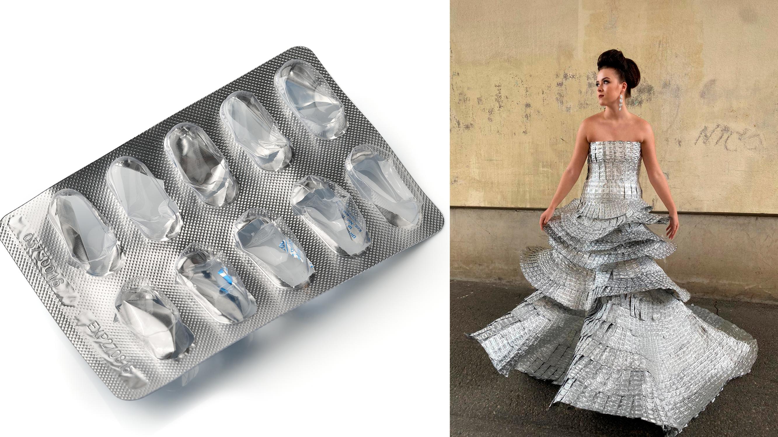 Päivi’s incredible foil dress made from medication packages—“Knitting wool socks is too formulaic for me”
