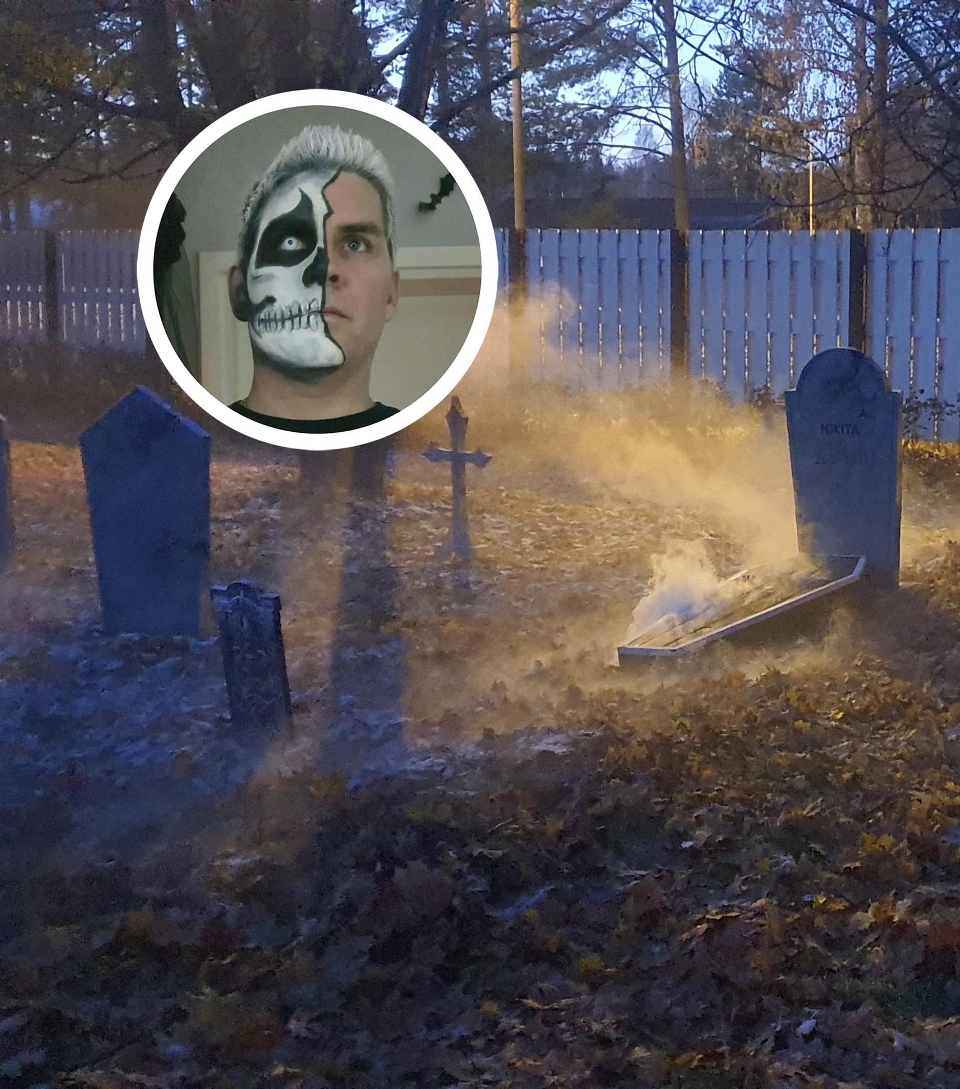 A yard “graveyard” and a haunted trail with a coffin and skeletons—“The kids can invite their friends over for a scare”