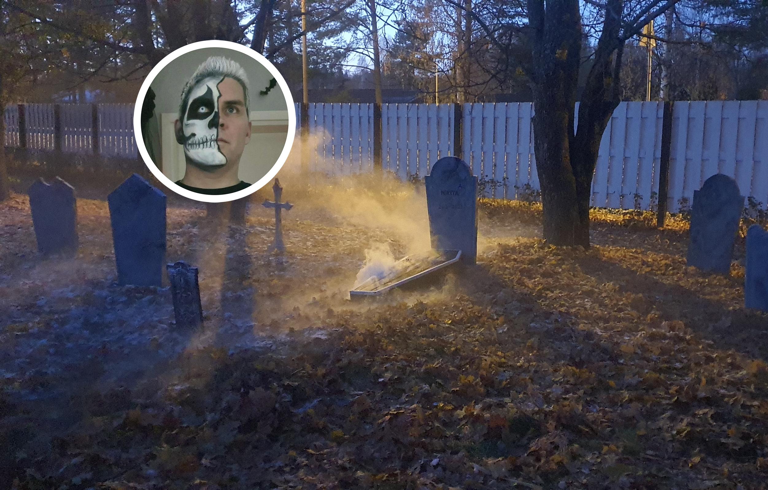A yard “graveyard” and a haunted trail with a coffin and skeletons—“The kids can invite their friends over for a scare”