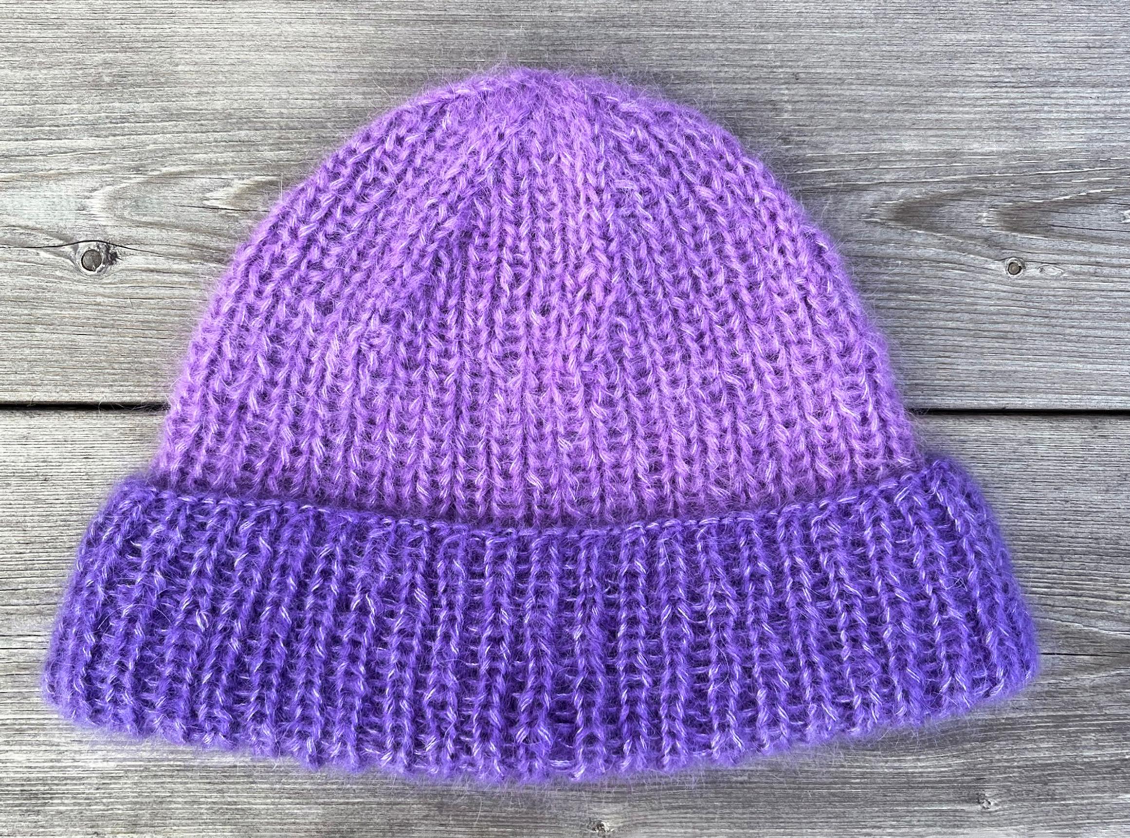 A beginner’s beanieknit with four strands of silk mohair yarn