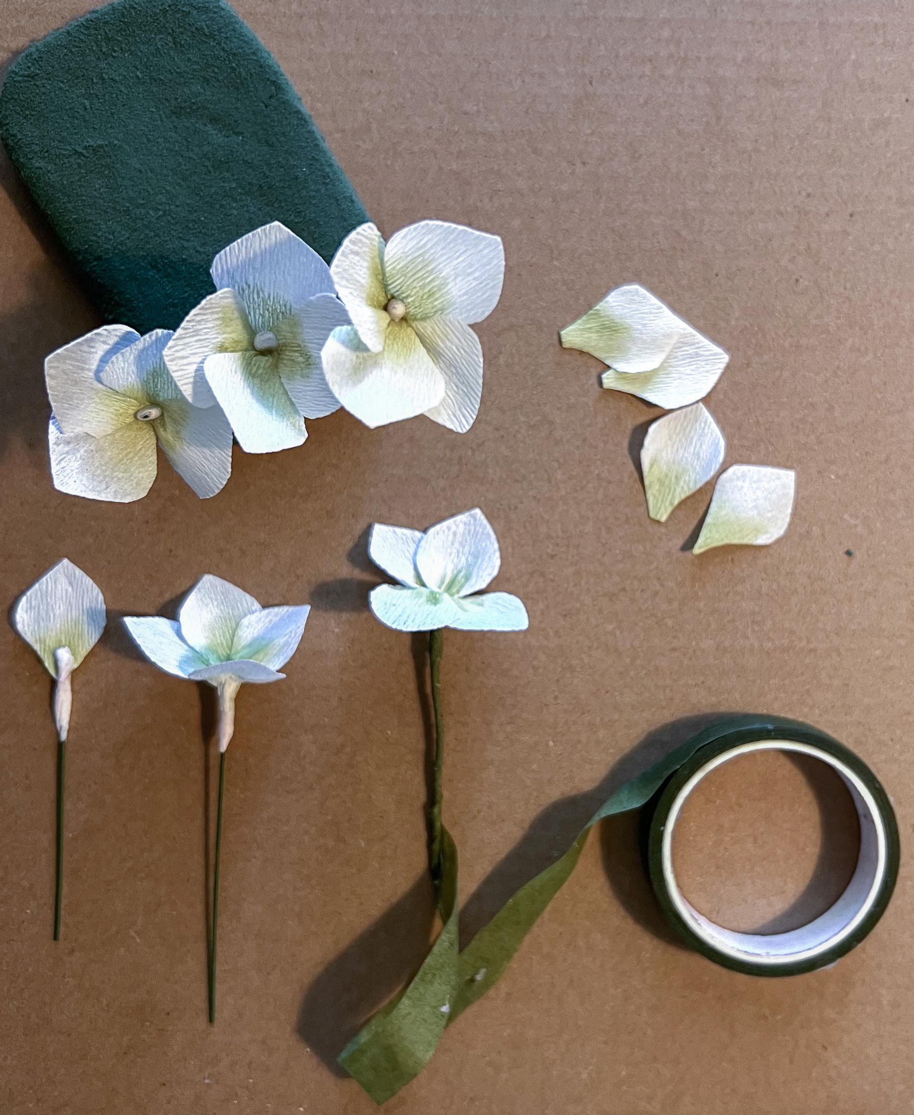 Assembling the paper hydrangea blooms