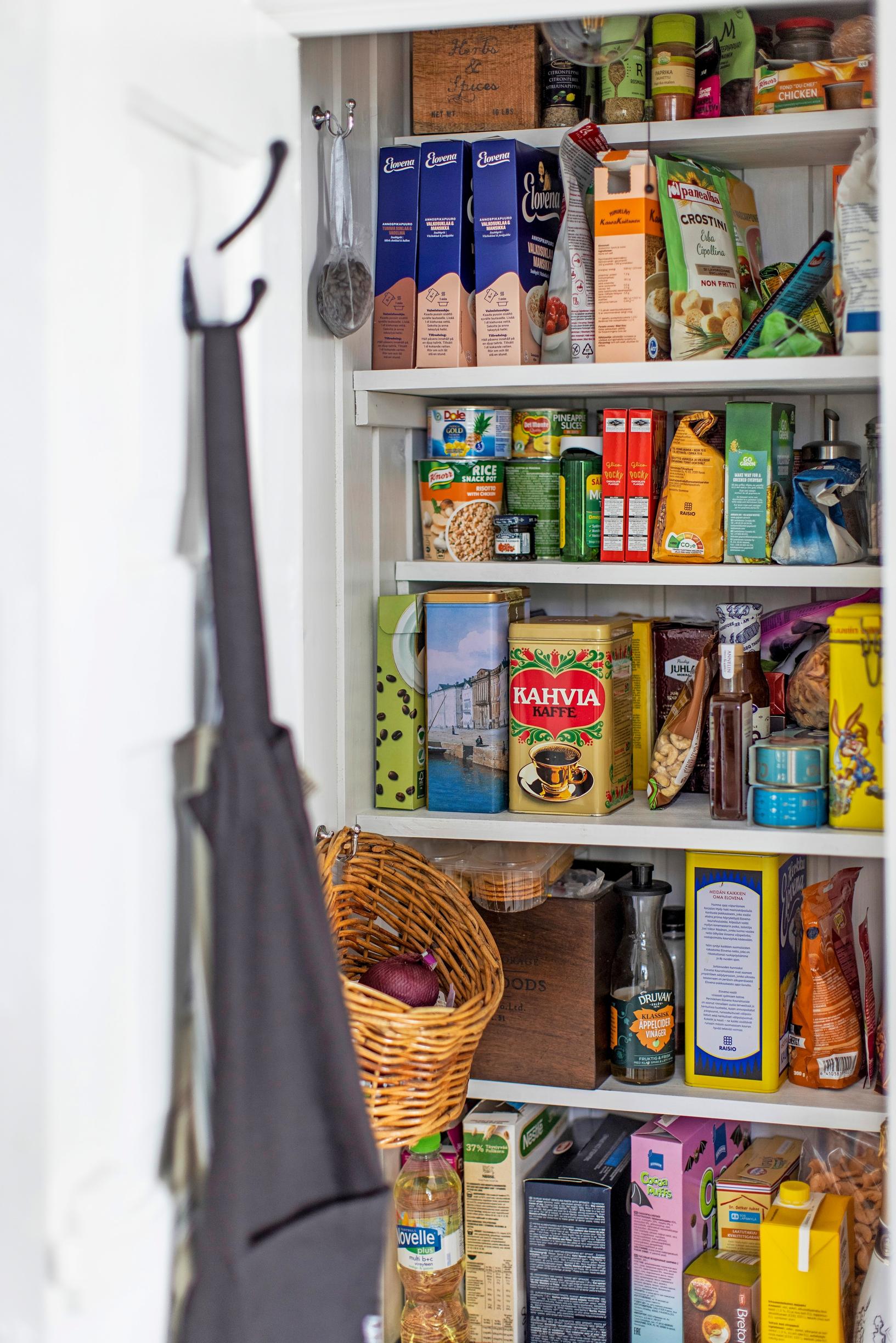 Food packages in Kirsi's pantry