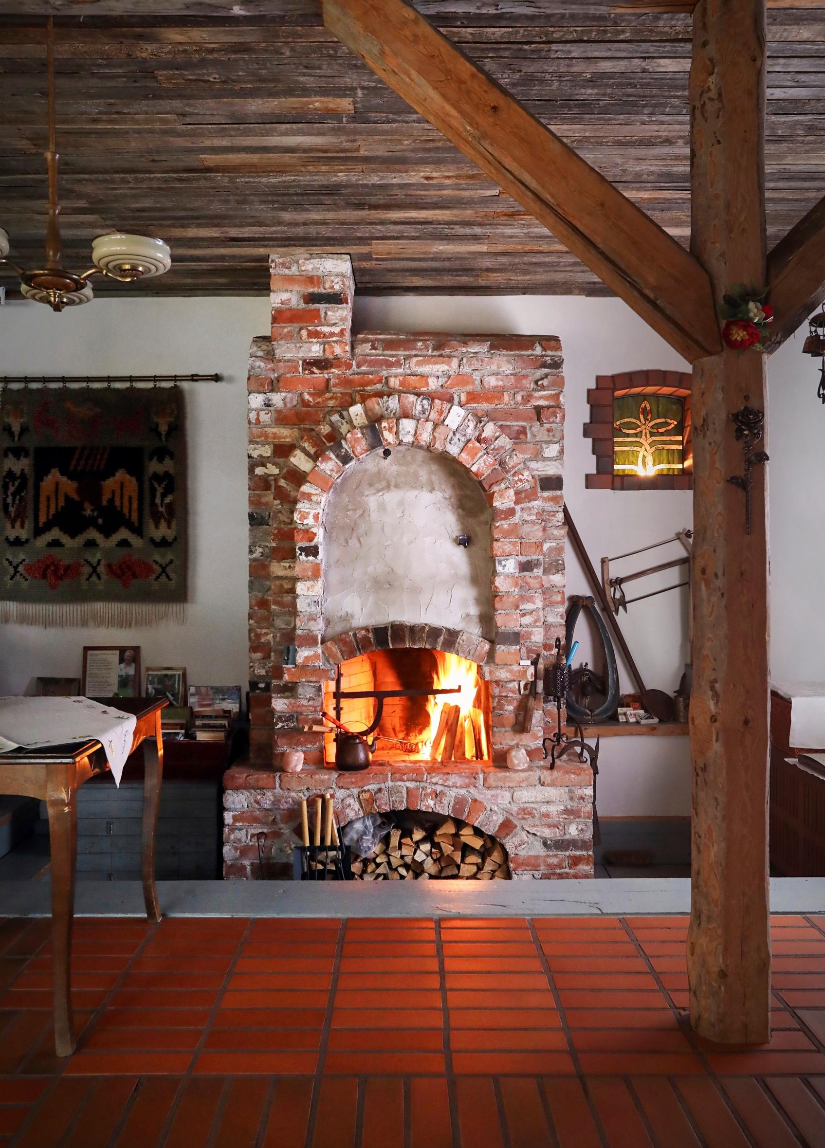 Fireplace built from the mill’s old bricks