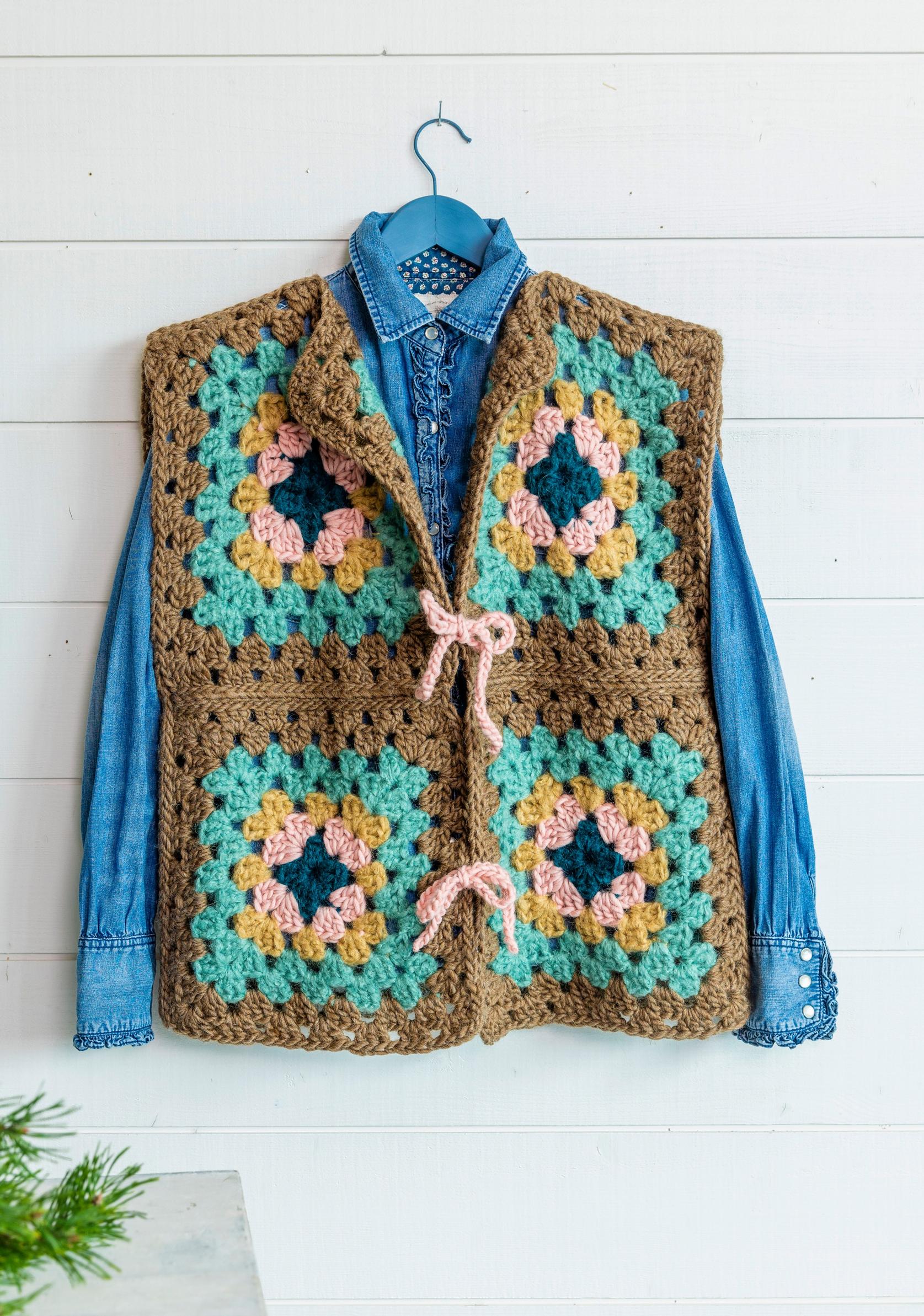 A crocheted vest made from granny squares