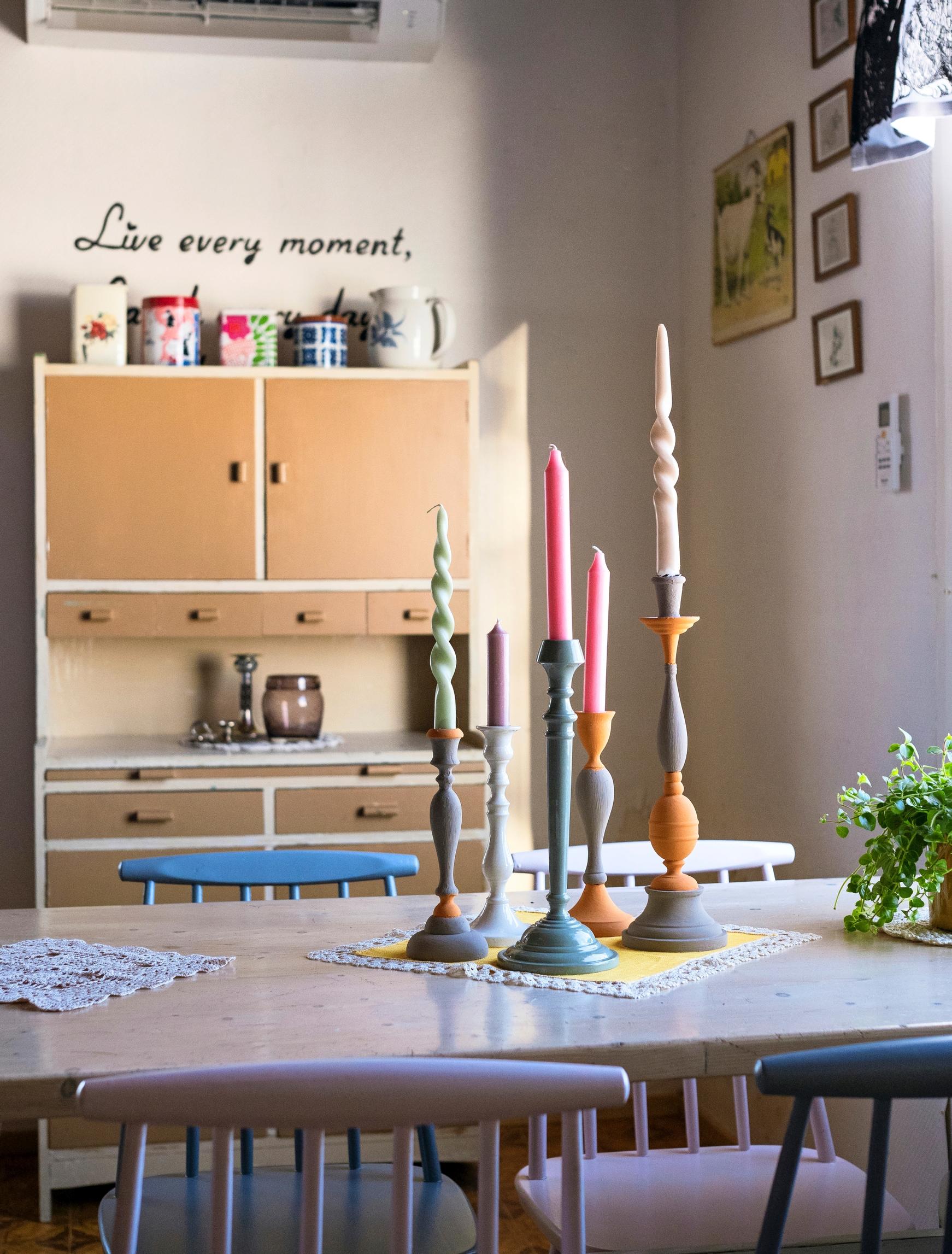 A candle arrangement on the dining table