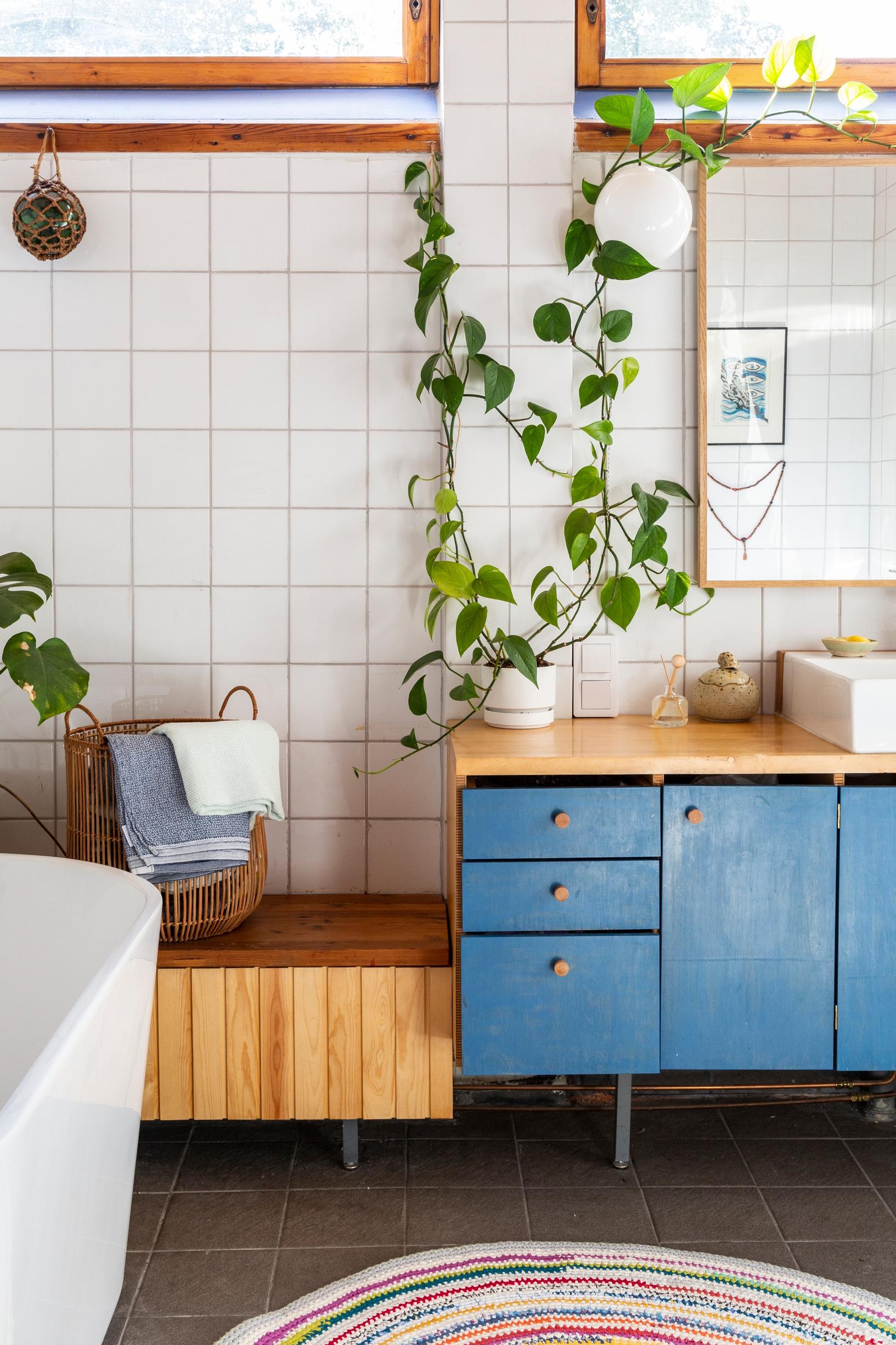 A blue bathroom cabinet combined with wooden surfaces, a bathtub and white tiled wall, a houseplant on the wall