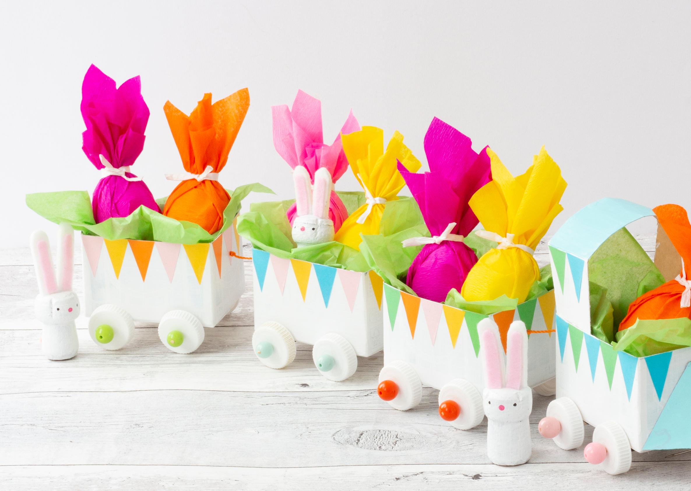 DIY cork Easter bunny decorations and colorful tissue paper eggs