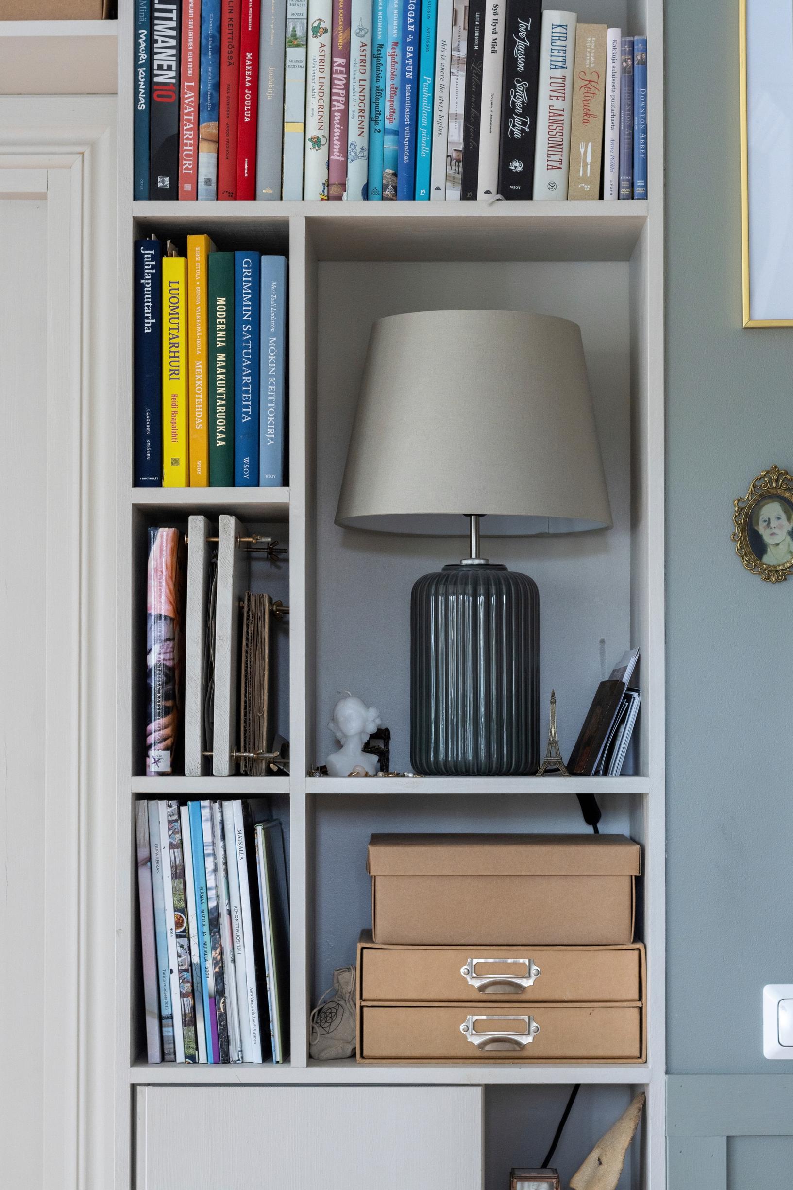 Lamp on the shelf.