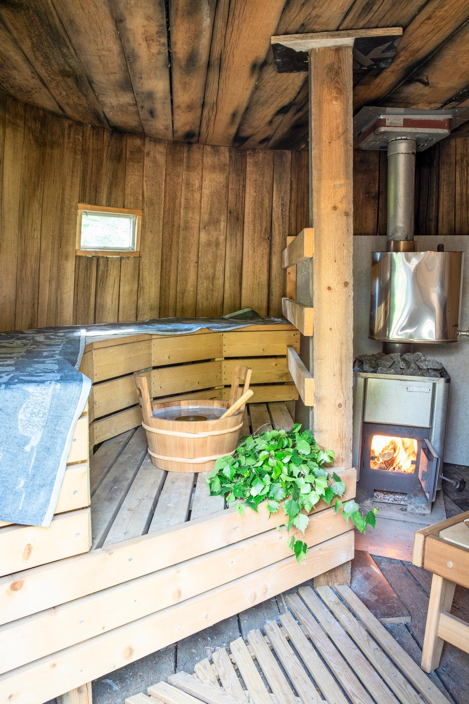 Inside the whiskey barrel sauna