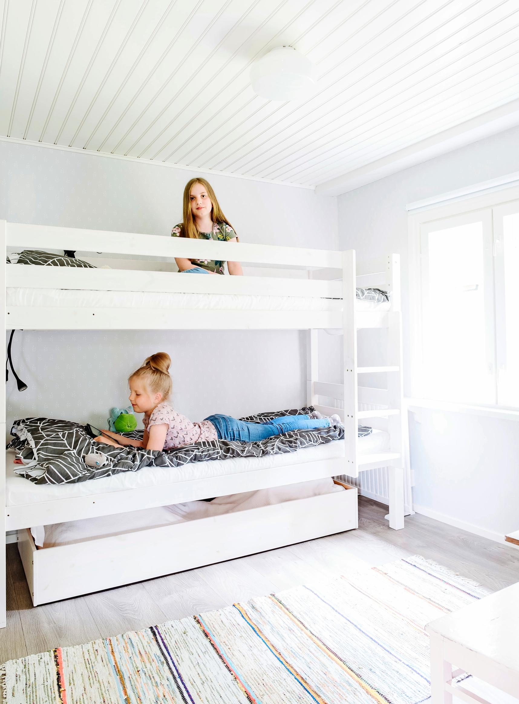 two girls in a white bunk bed
