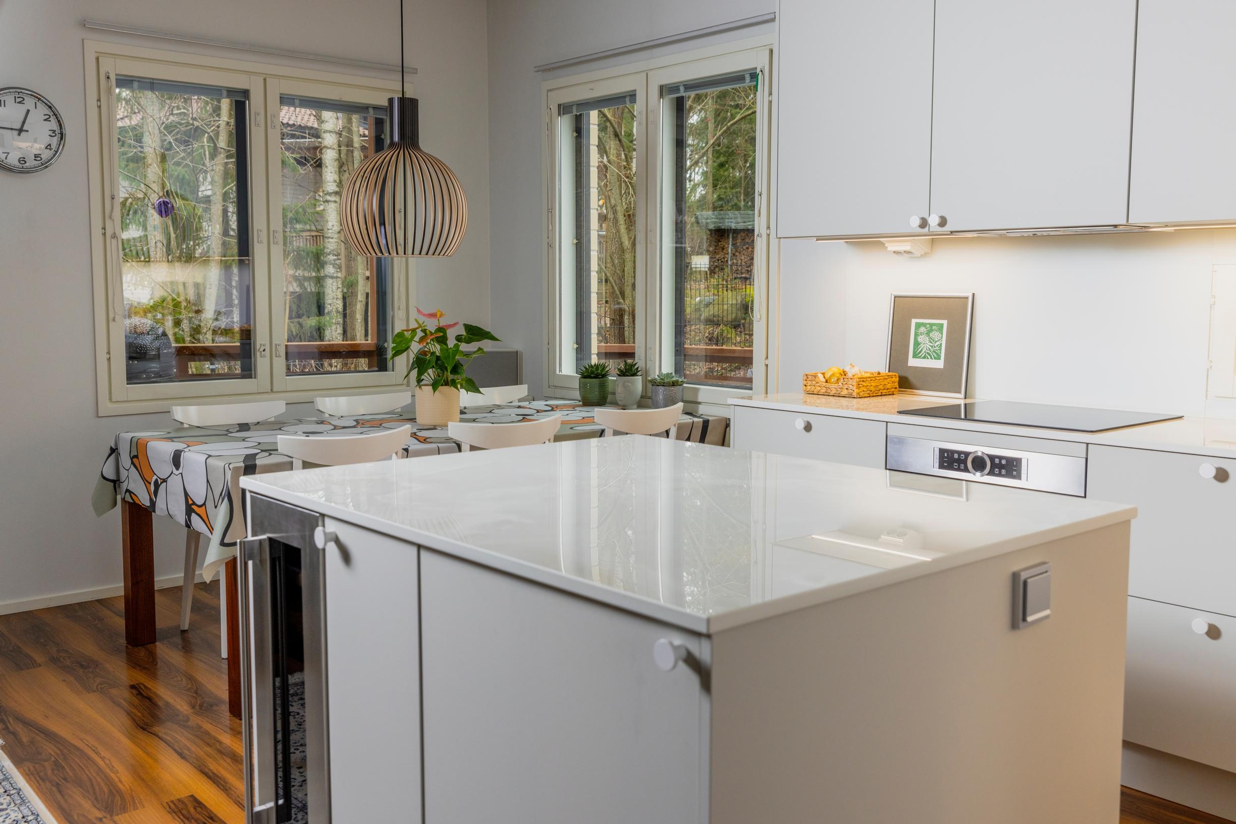 The remodeled kitchen island and dining area