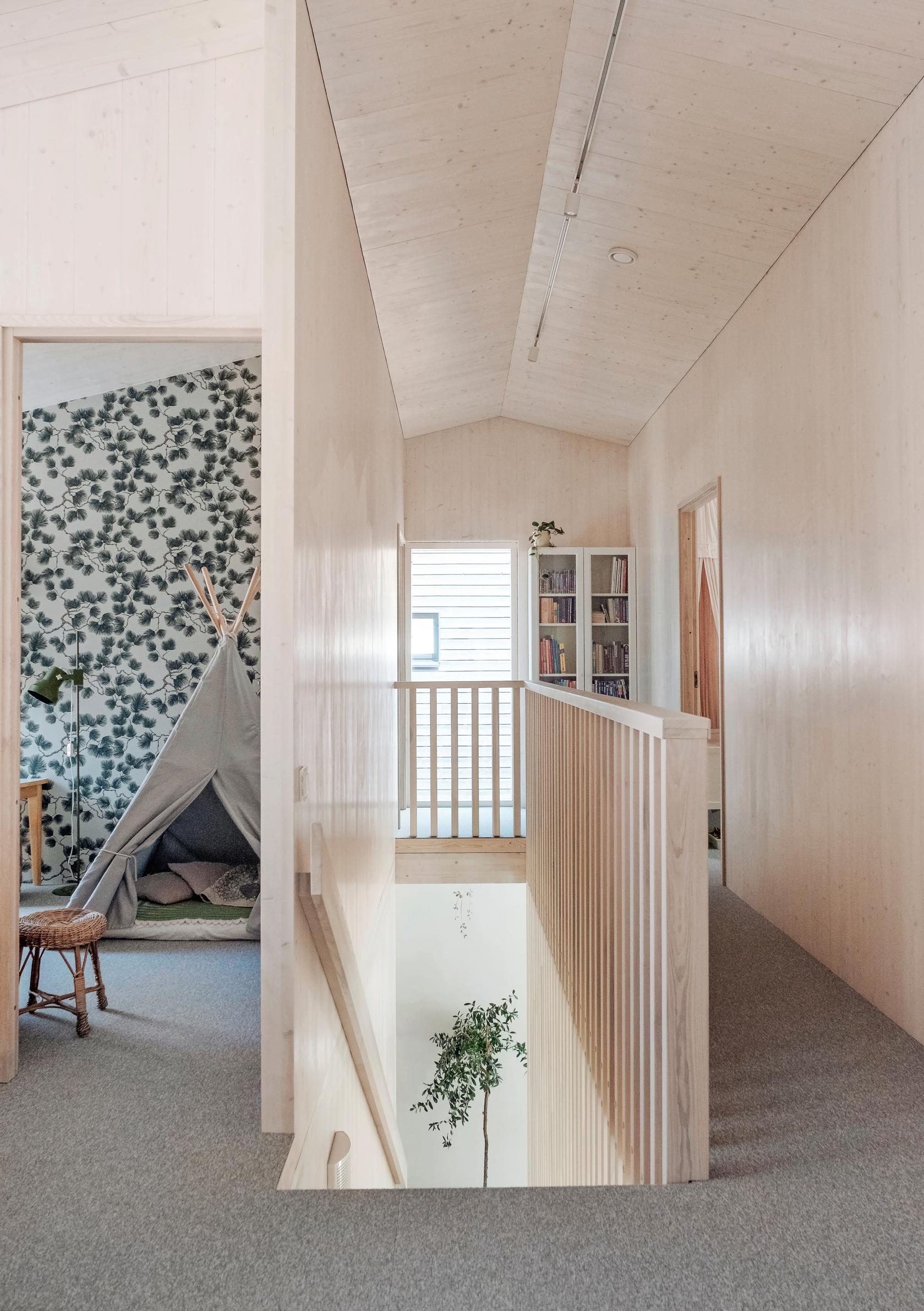 CLT wood walls and ceilings finished with a white tint