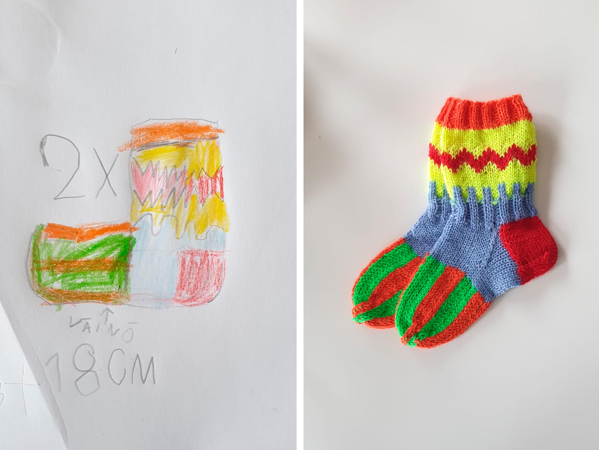 Väinö’s drawing of his dream socks and Eija’s knitted result