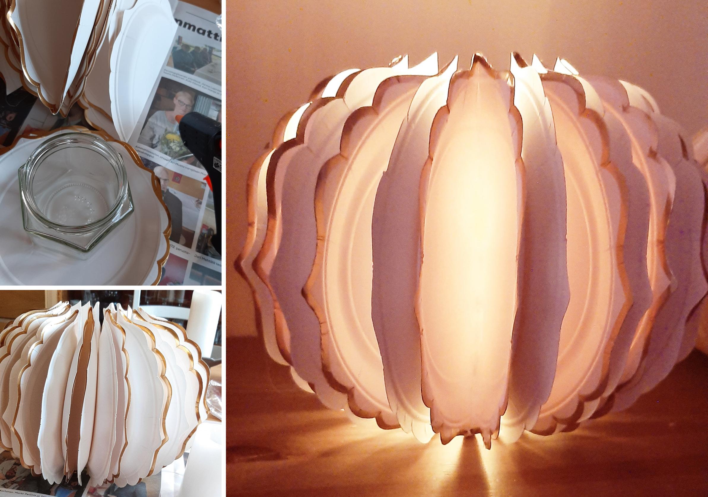 A lantern made from gold-edged disposable plates and two progress images of the crafting process