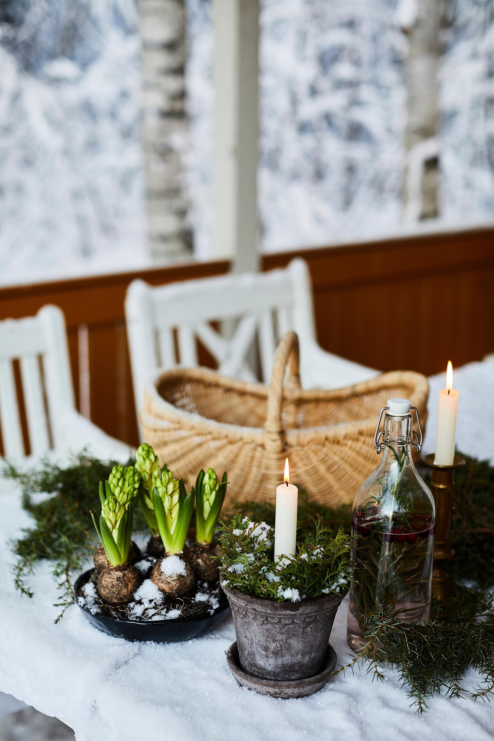 A basket, potted hyacinths, and candles on a winter terrace, with white garden chairs