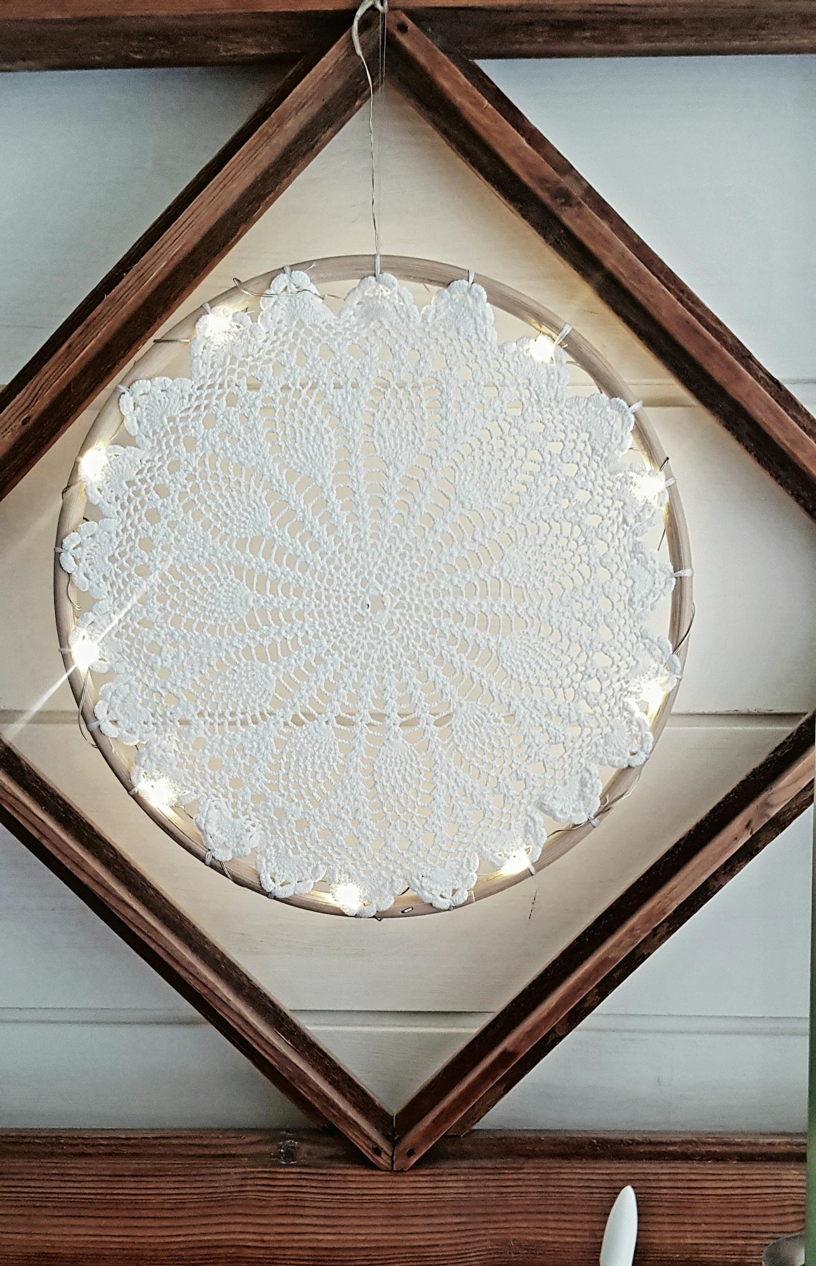 A white lace doily stretched into a light panel.