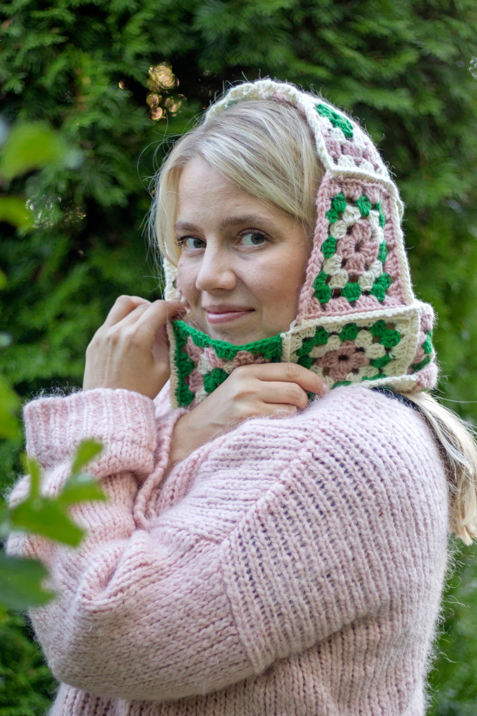 A hood crocheted from granny squares