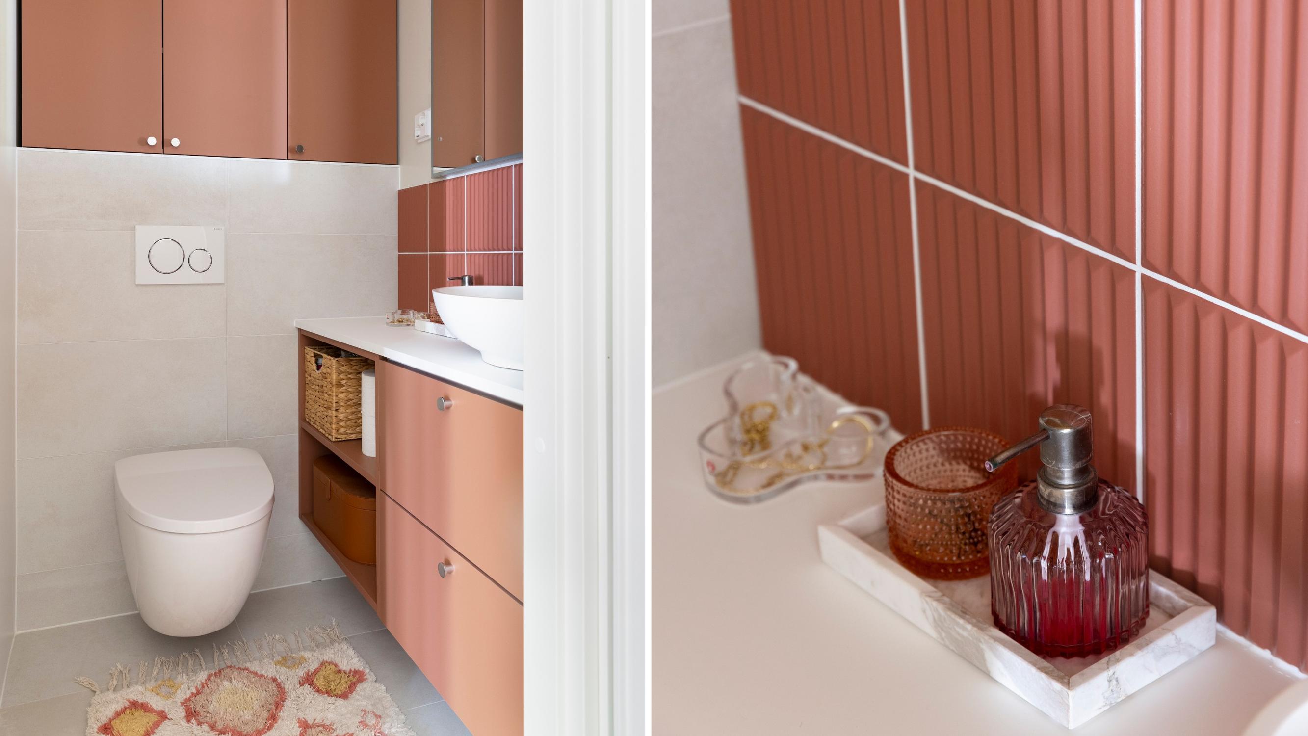 Tiny bathroom, big style: Amanda’s rosy reno with a spot for every jar