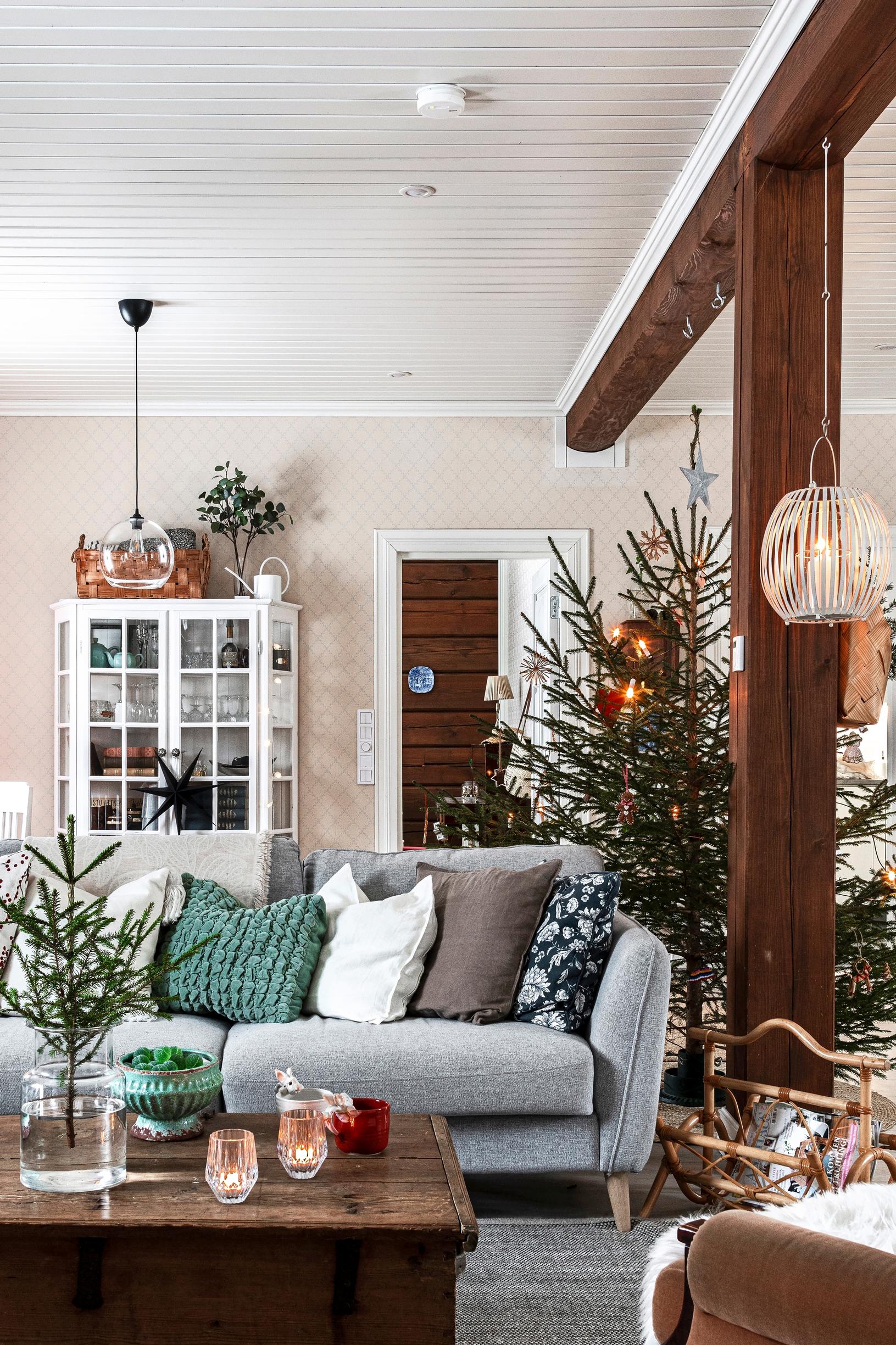 A gray sofa and Christmas tree in the living room