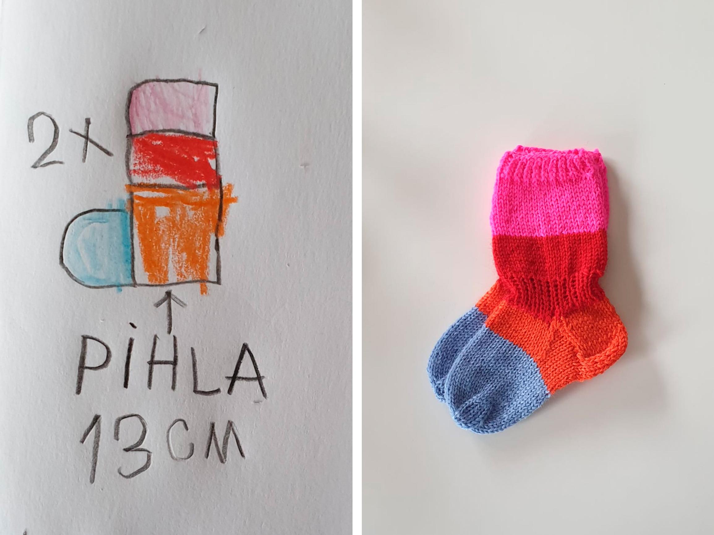 Väinö’s dream socks drawn for his little sister Pihla and Eija’s finished version