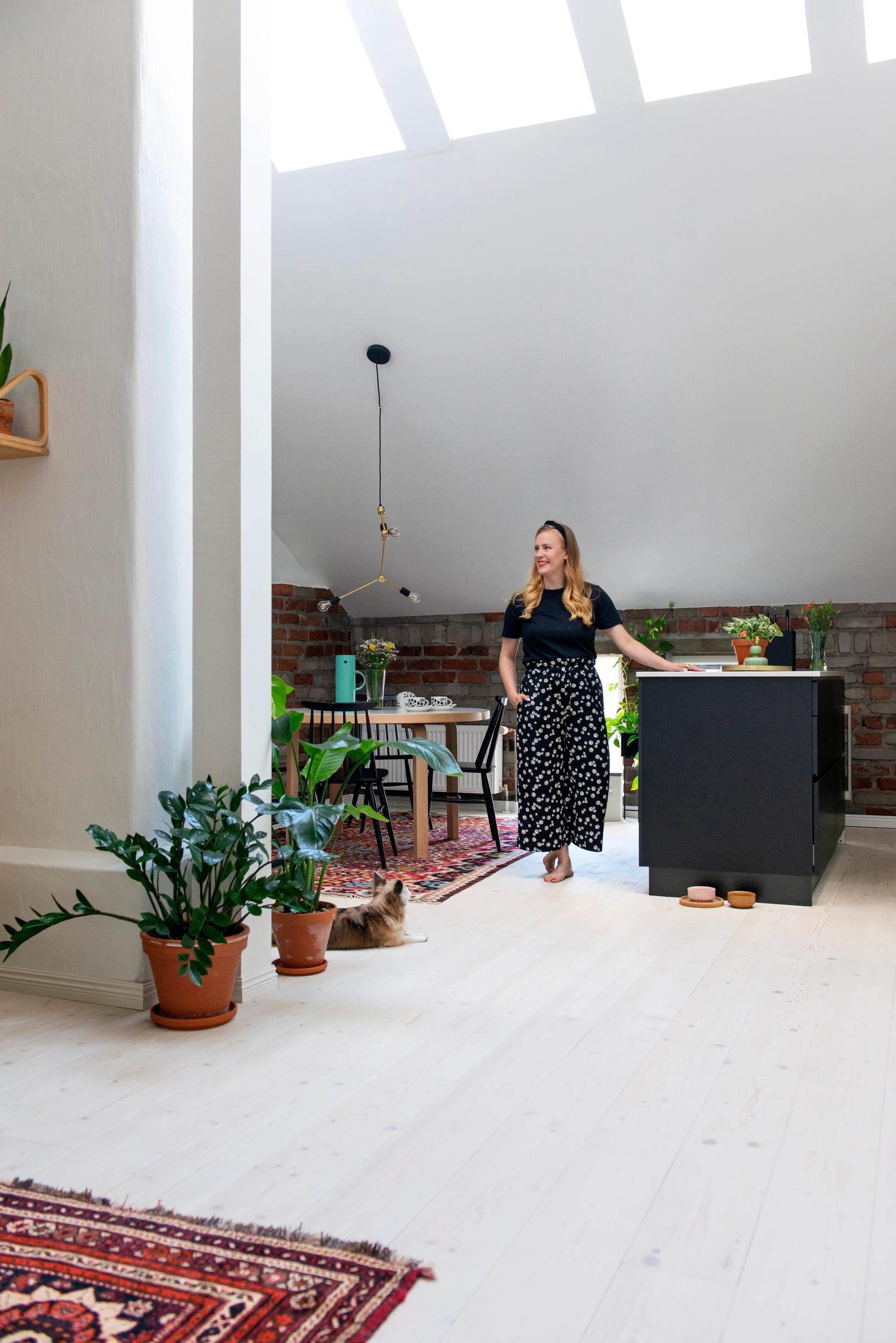 Photo of an open-concept kitchen with a spruce plank floor.