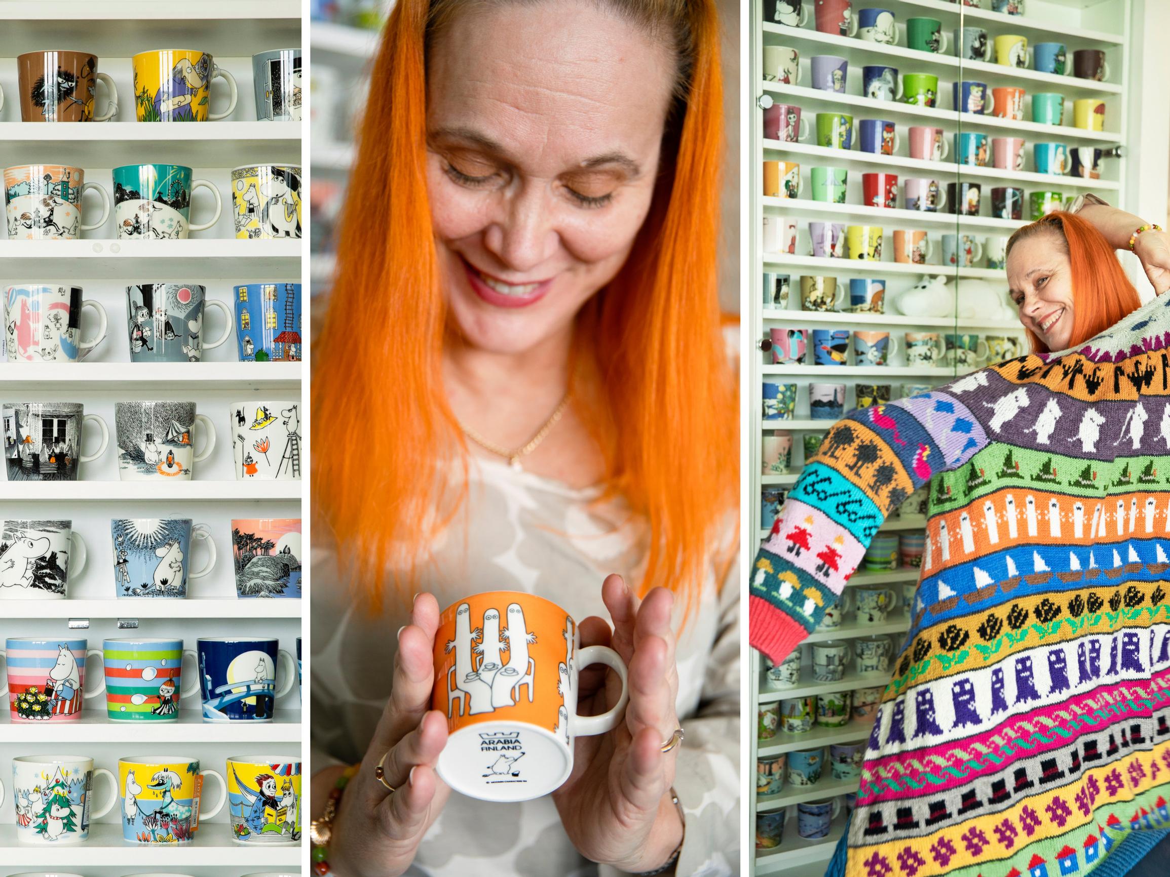 190 Moomin mugs—and counting! Marjut’s treasured collection displayed behind tempered glass for protection