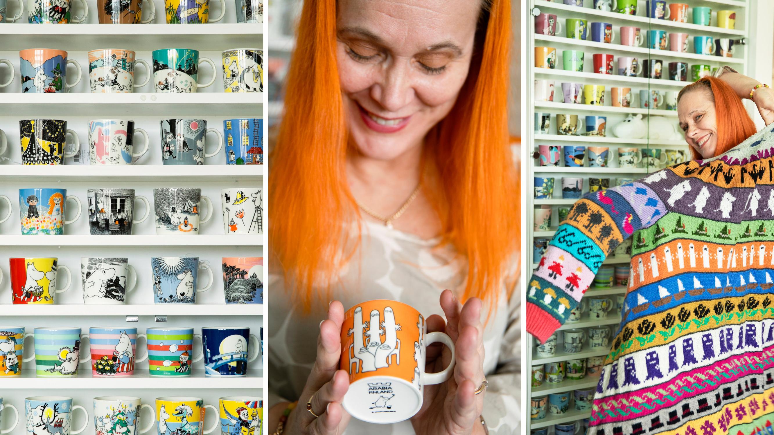 190 Moomin mugs—and counting! Marjut’s treasured collection displayed behind tempered glass for protection