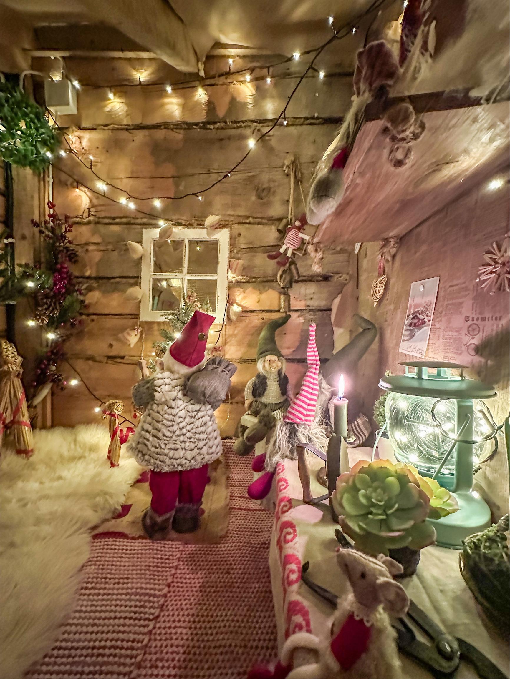 Old log walls give the elf cottage a magnificent setting.