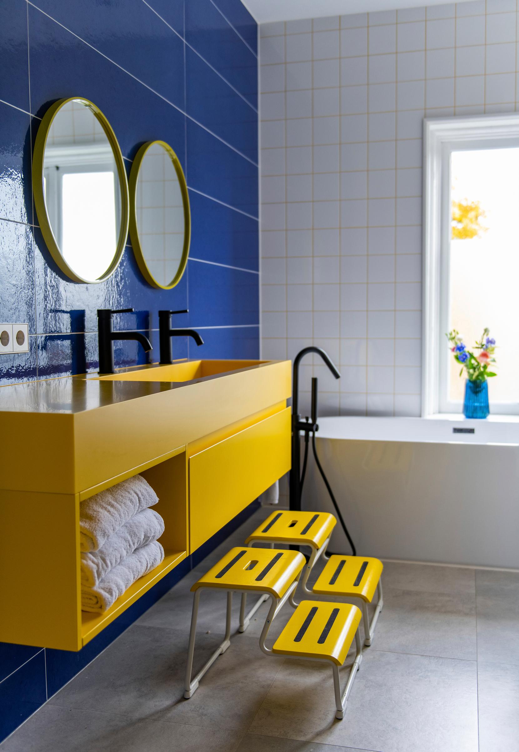 Blue and yellow bathroom