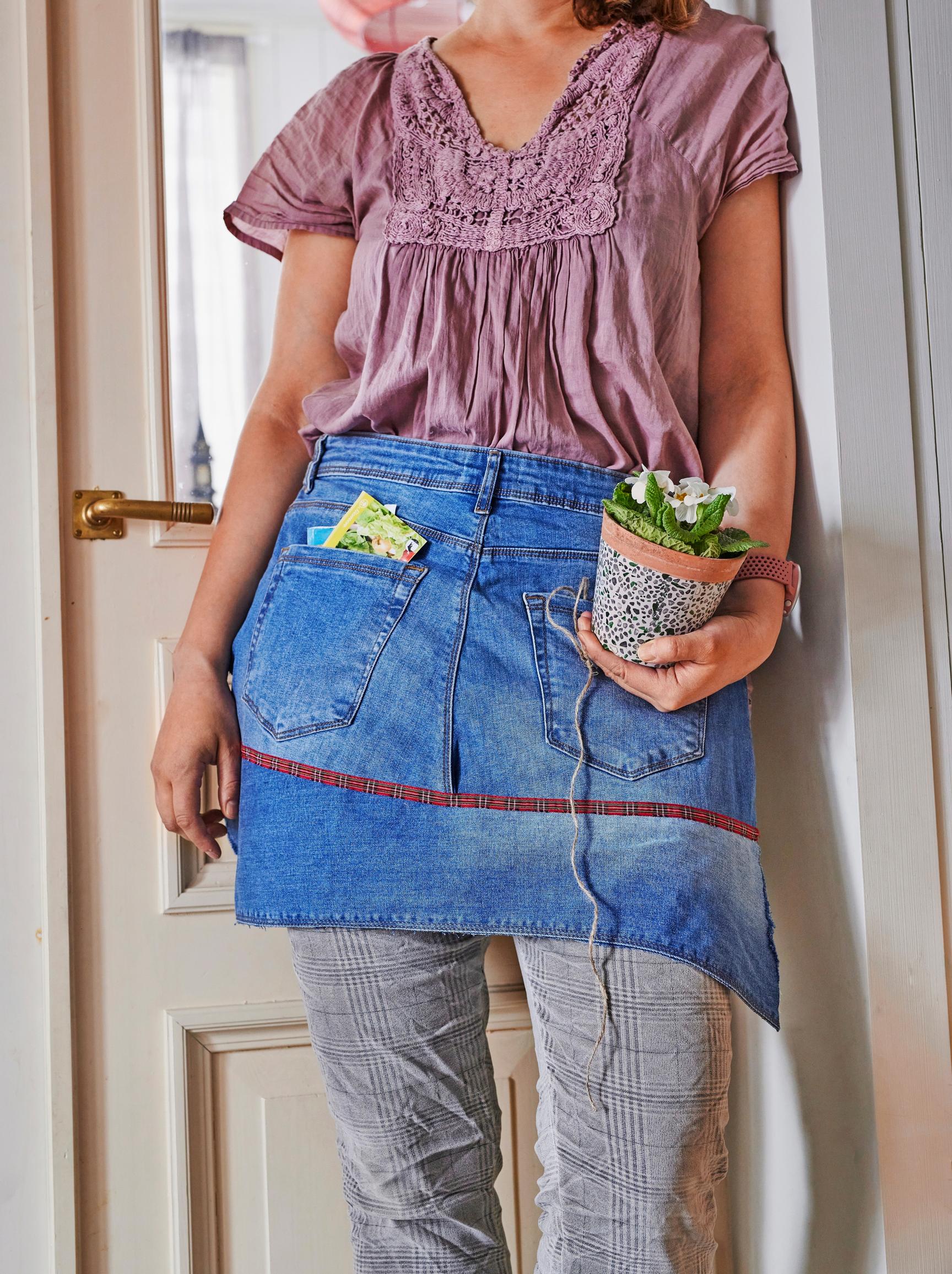 A fun apron sewn from old jeans.