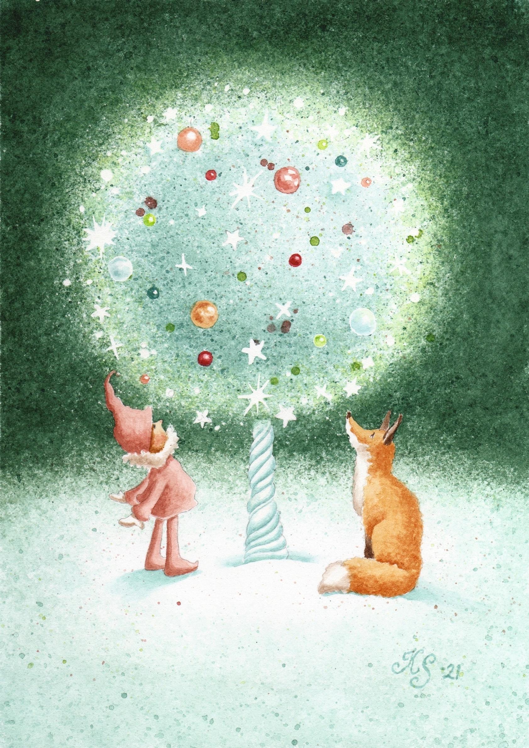 A postcard designed by Katja Saario featuring an elf and a fox admiring a fairy-tale tree