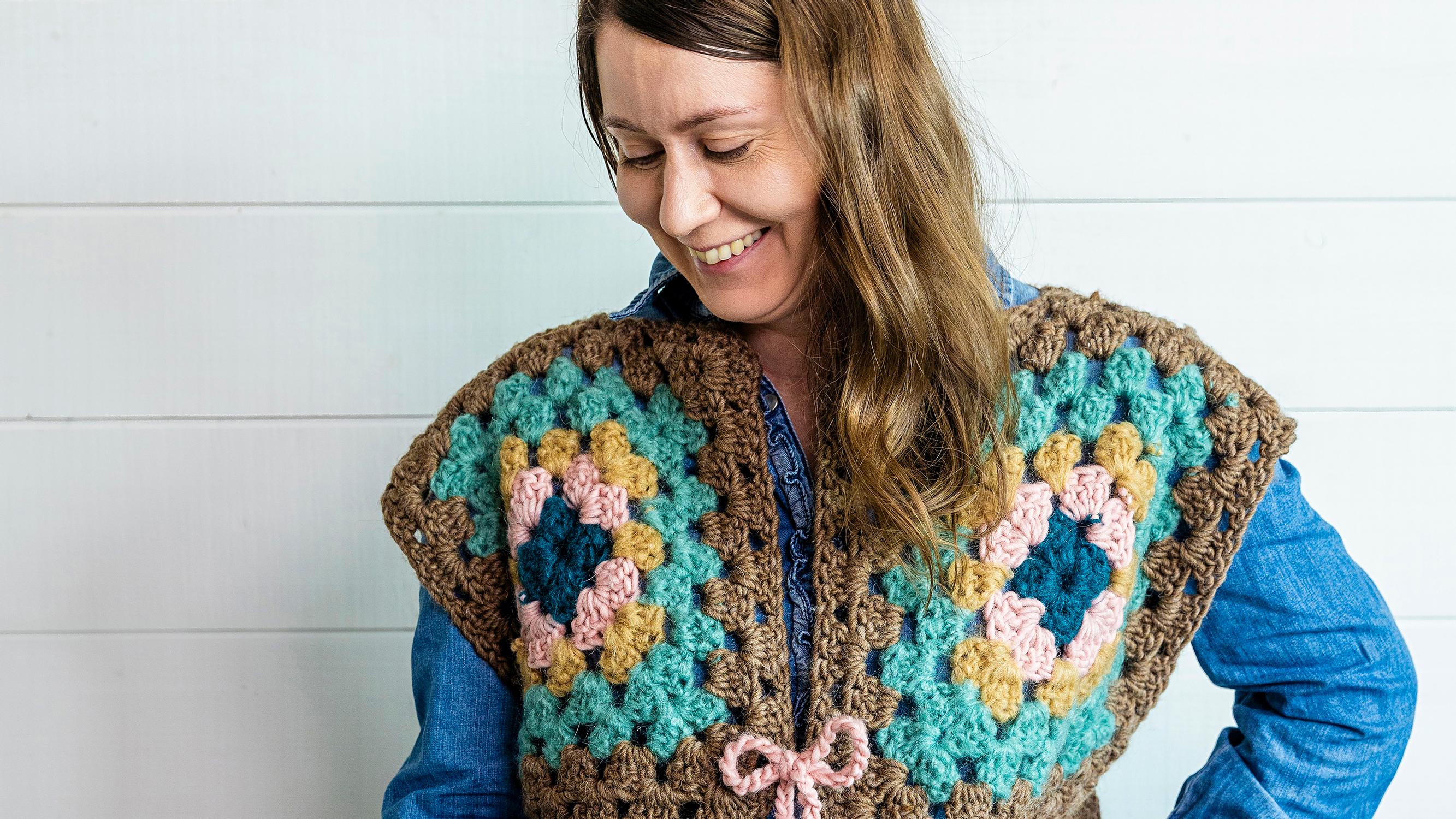 Crocheted vest from granny squares—you’ll only need 8 squares for this cozy vest