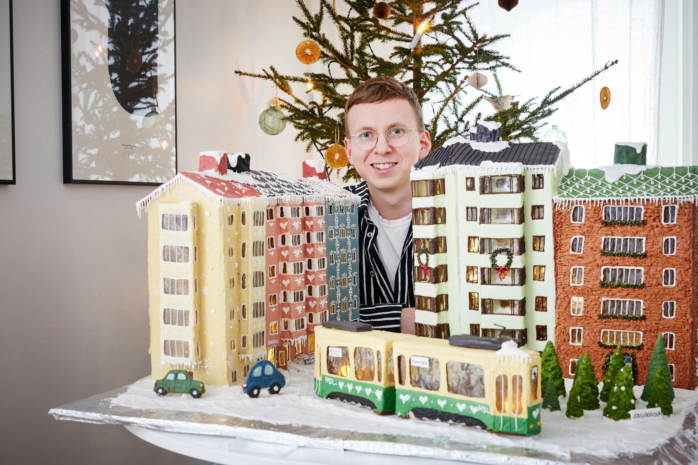 Lauri in the middle of his gingerbread city block.